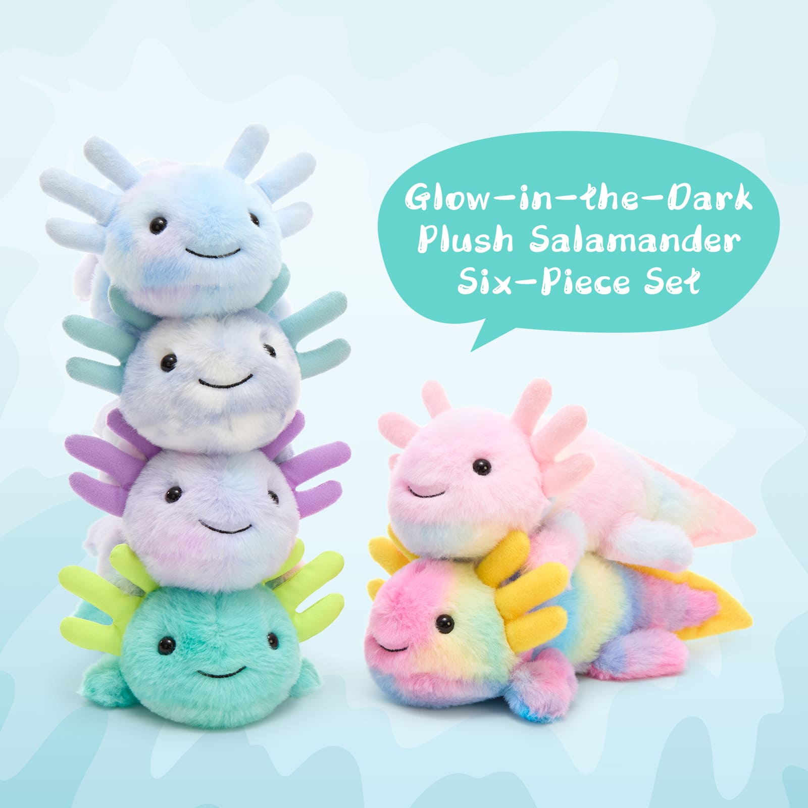 6 Pcs Assorted colorful 11.8-inch axolotl plush toys with glow-in-the-dark gills