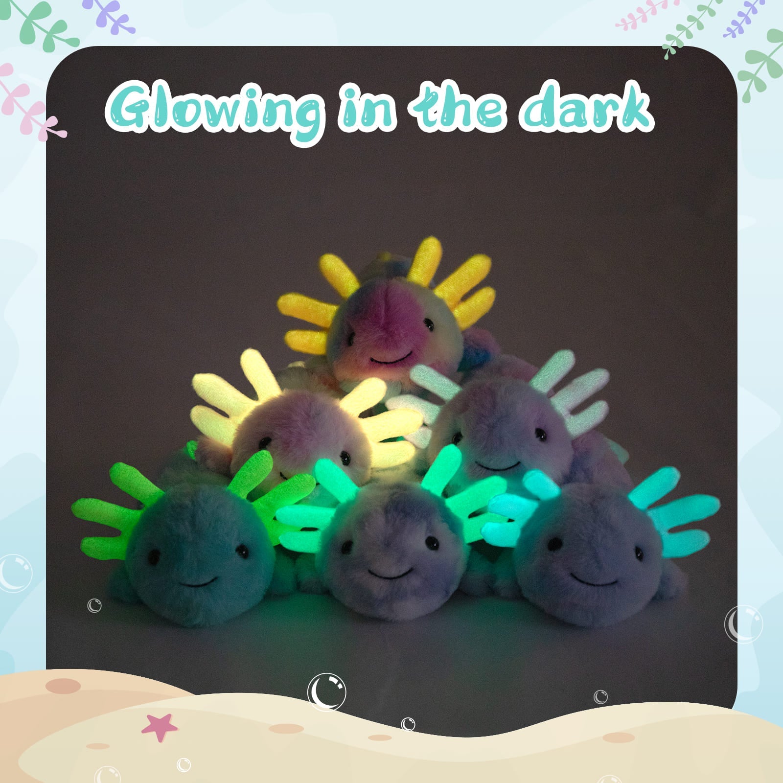 6 Pcs Assorted colorful 11.8-inch axolotl plush toys with glow-in-the-dark gills