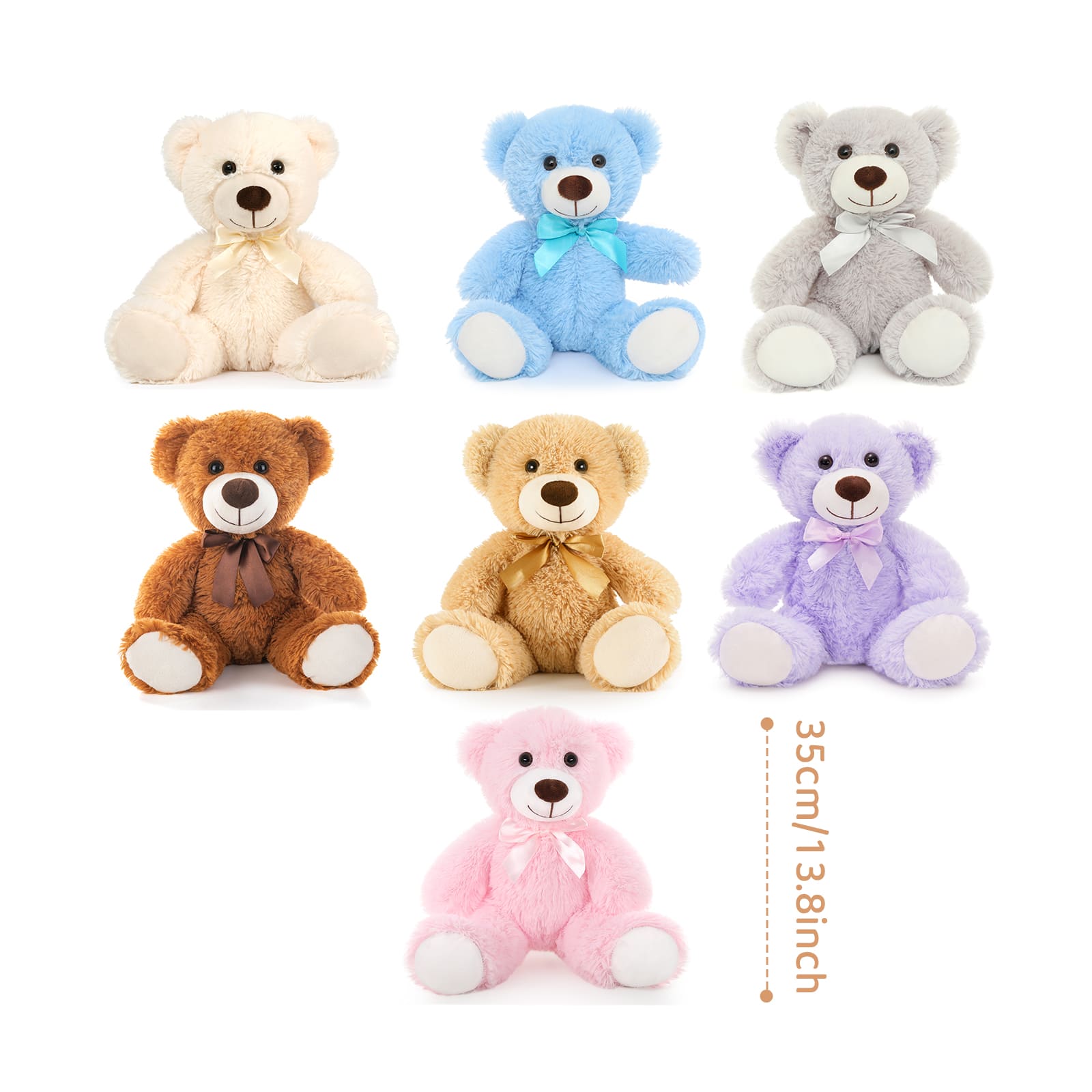 7-Piece Teddy Bear Stuffed Toys, Seven Colors, 13.8 Inches