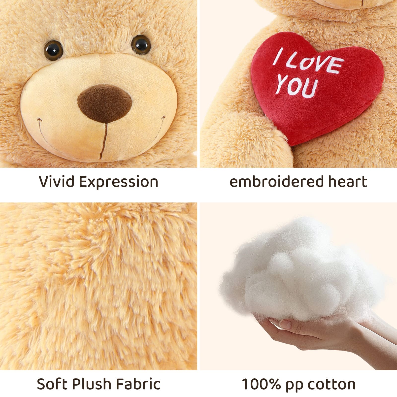 Giant Teddy Bear Plush Toy, Brown/Beige/Pink, 35.4/51/72 Inches