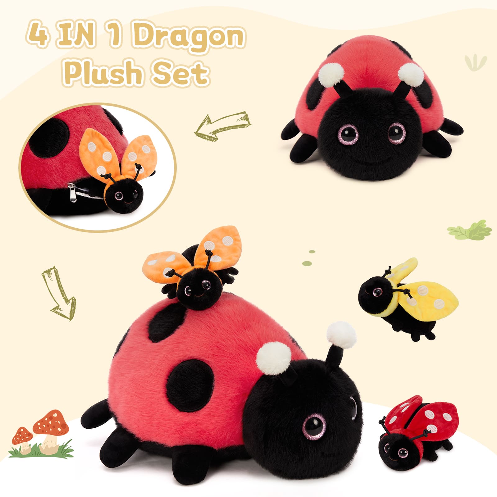 4 Pcs Ladybug Stuffed Animal - Kawaii Mother Ladybird Plush Toys Pillow with 3 Small Baby Lady Beetle Plushie - Gift for Insect Lover - Decorations, Party Favor, Baby Shower - Glow-in-Dark Design
