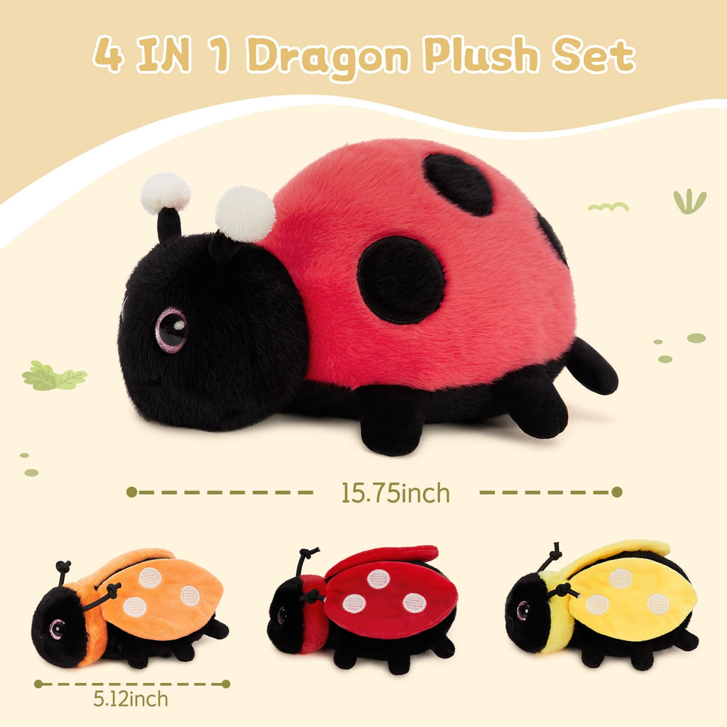 4 Pcs Ladybug Stuffed Animal - Kawaii Mother Ladybird Plush Toys Pillow with 3 Small Baby Lady Beetle Plushie - Gift for Insect Lover - Decorations, Party Favor, Baby Shower - Glow-in-Dark Design