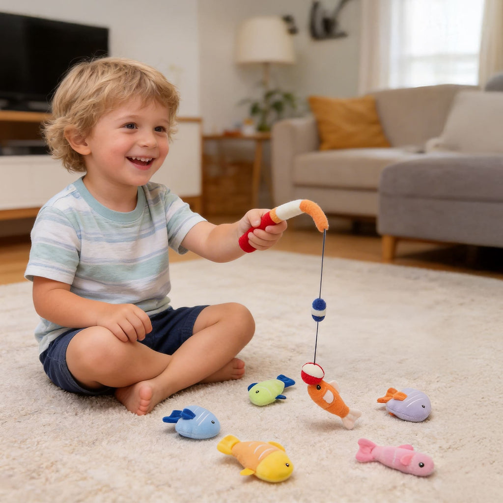 Plush Fishing Toy Set with Soft Fish & Tackle Box – Kids Pretend Play Fishing Game