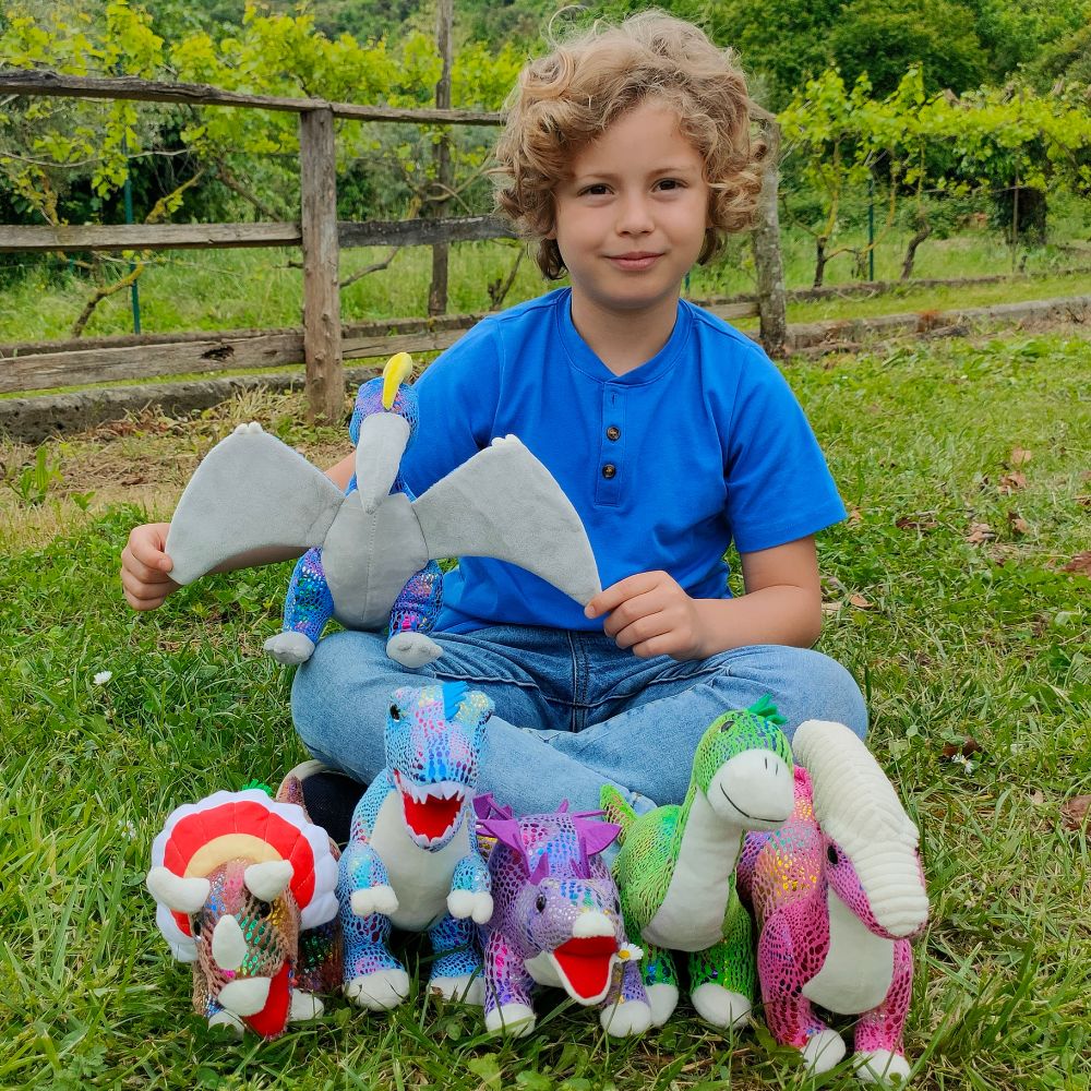 Cute glittery dinosaur plush toy set with T-Rex, Triceratops, Stegosaurus, Pteranodon, Brachiosaurus, and Parasaurolophus stuffed animals for kids and collectors - Birthday Gift for Boys - Party Favors