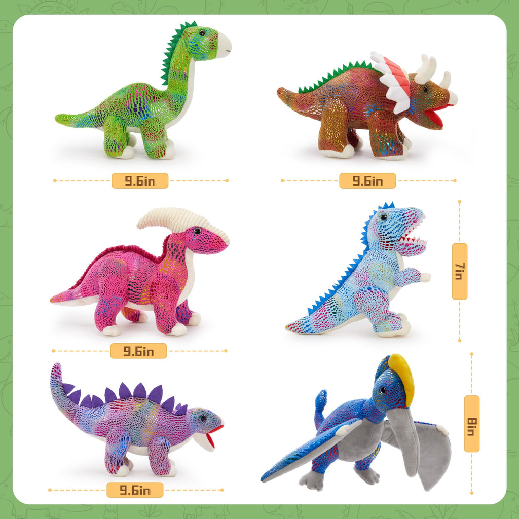 Cute glittery dinosaur plush toy set with T-Rex, Triceratops, Stegosaurus, Pteranodon, Brachiosaurus, and Parasaurolophus stuffed animals for kids and collectors