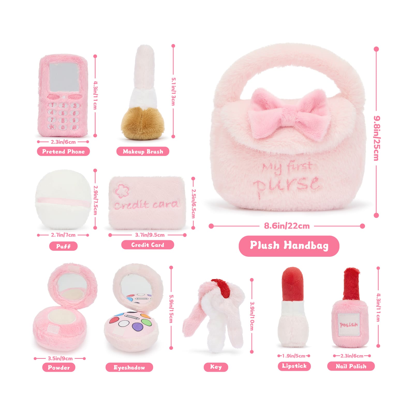 Soft Pink Pretend Makeup & Accessories Toy Set - My First Purse Plush Playset