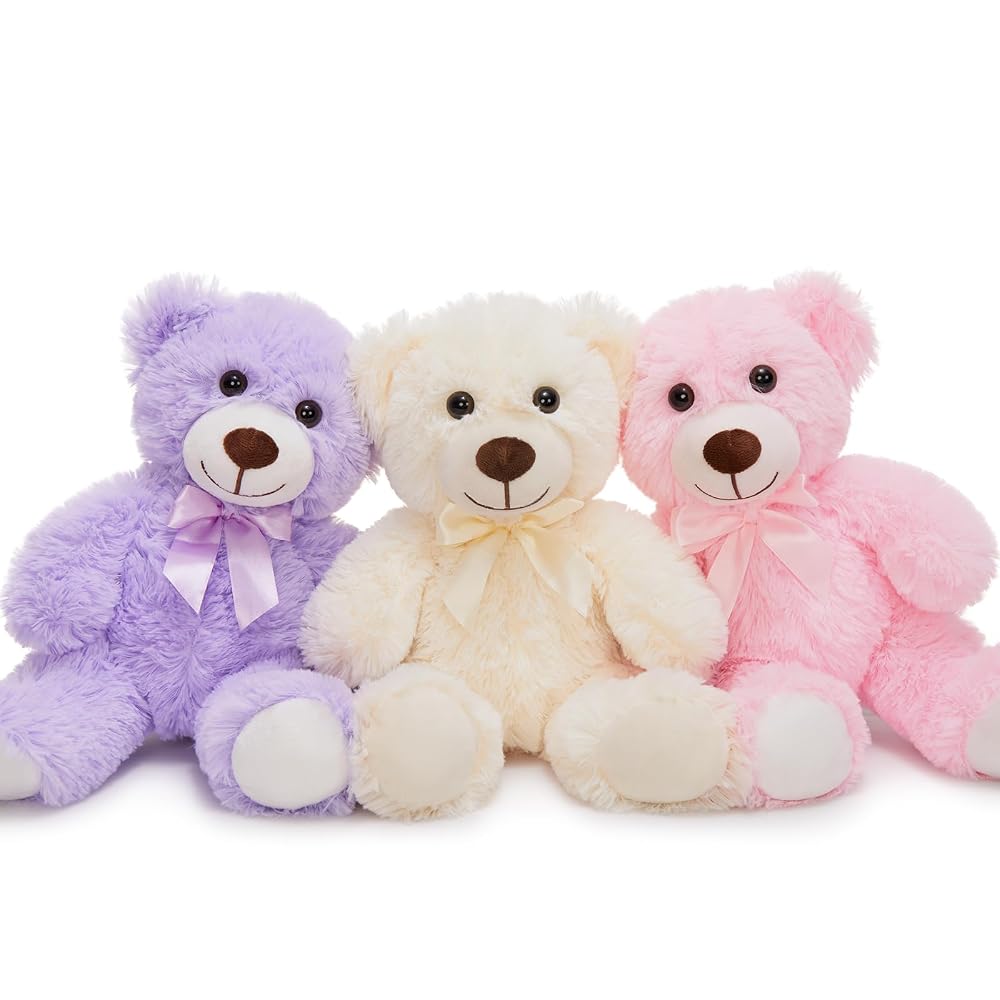 3-Pack Teddy Bears, Beige/Pink/Purple, 13.8 Inches