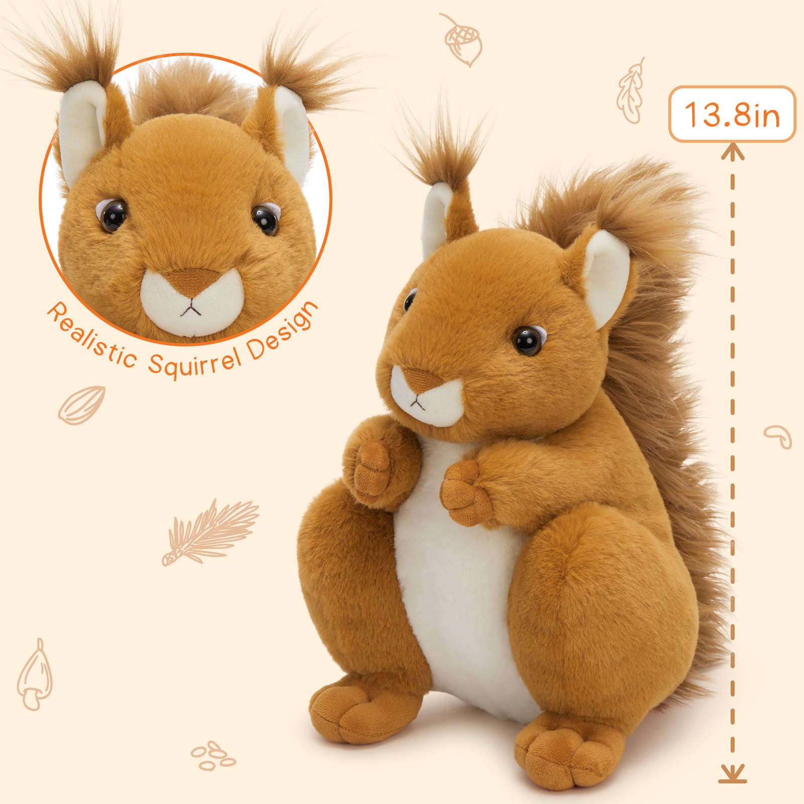Golden Brown Squirrel Plush Toy with Fluffy Tail and Three Baby Squirrels - Realistic Soft Stuffed Animal for Kids and Collectors