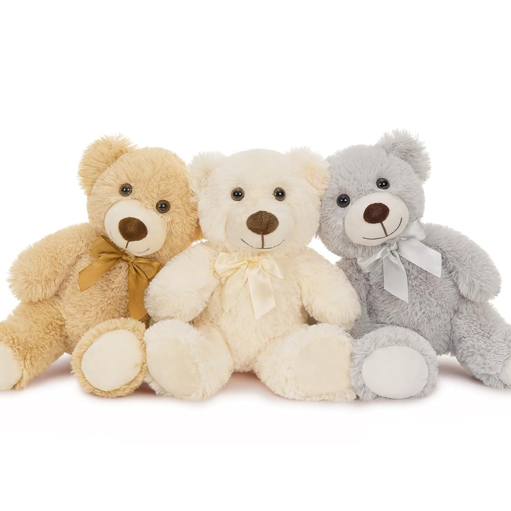 3-Pack Teddy Bear Stuffed Toy Set, Beige/Grey/Light Brown, 13.8 Inches