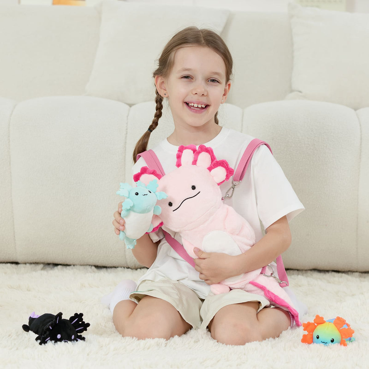 Plush Axolotl Backpack with Three Mini Axolotl Plushies Inside