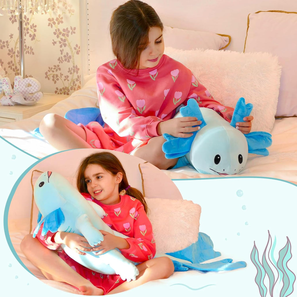 Axolotl Plush Toy Salamander Long Throw Pillow, Blue, 43 Inches