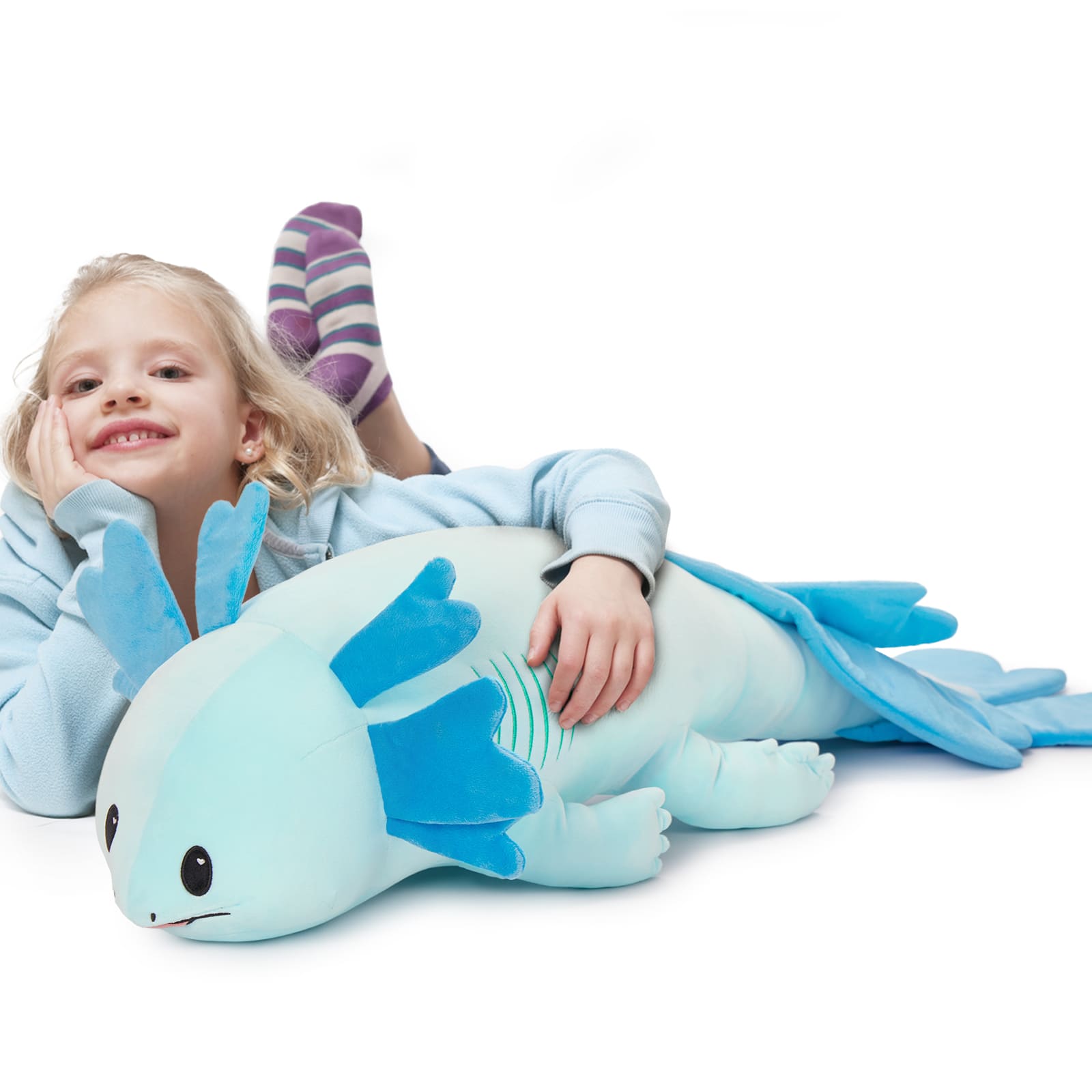 Axolotl Plush Toy Salamander Long Throw Pillow, Blue, 43 Inches