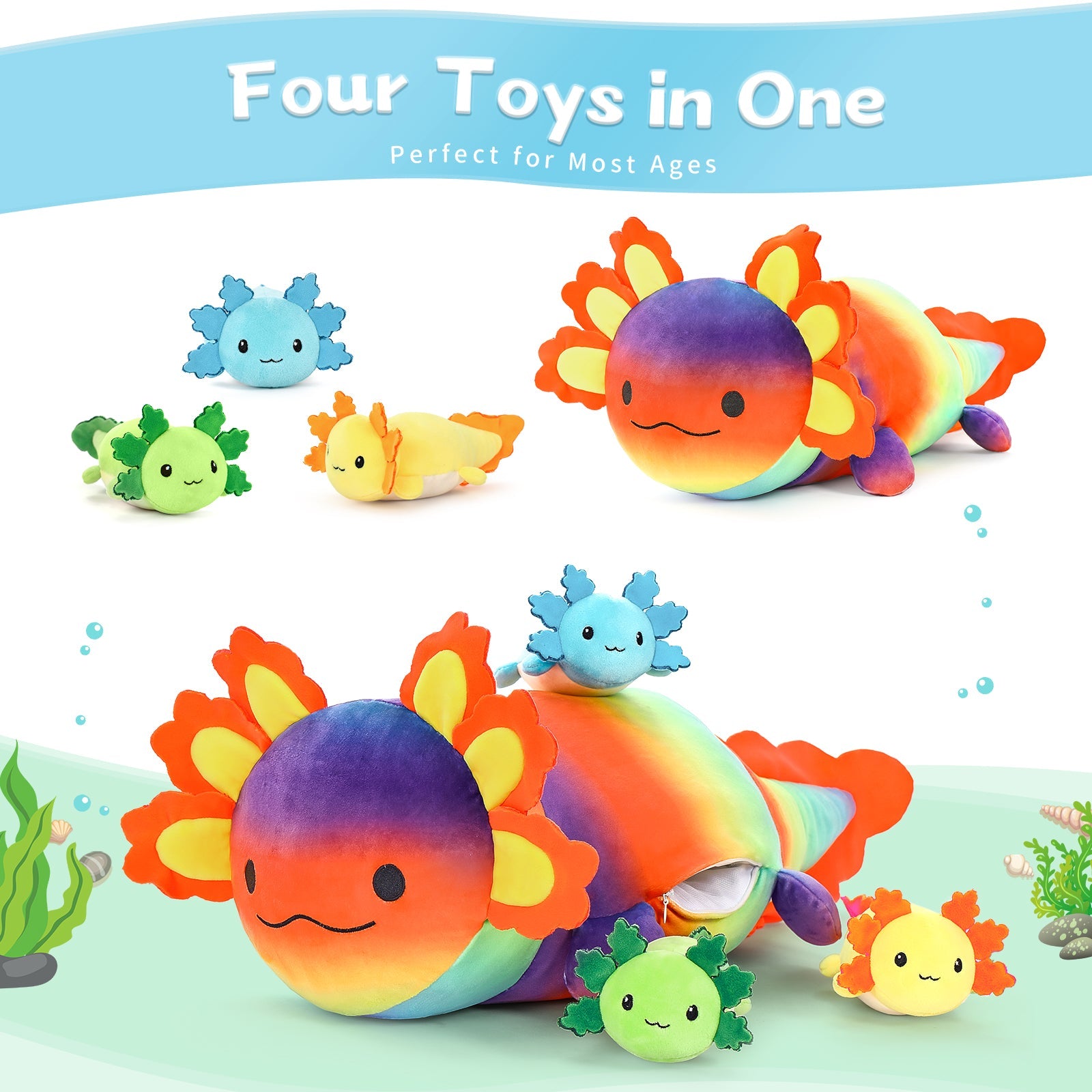 Axolotl Plush Toys - 4 Pcs Axolotl Stuffed Animals Bulk - Cute Salamander 24 Inches Plush Dolls - Stuffed Animal Salamander Babies with Their Mom - Axolotl Cushion Pillow Soft Toys - Gifts for Boys Girls