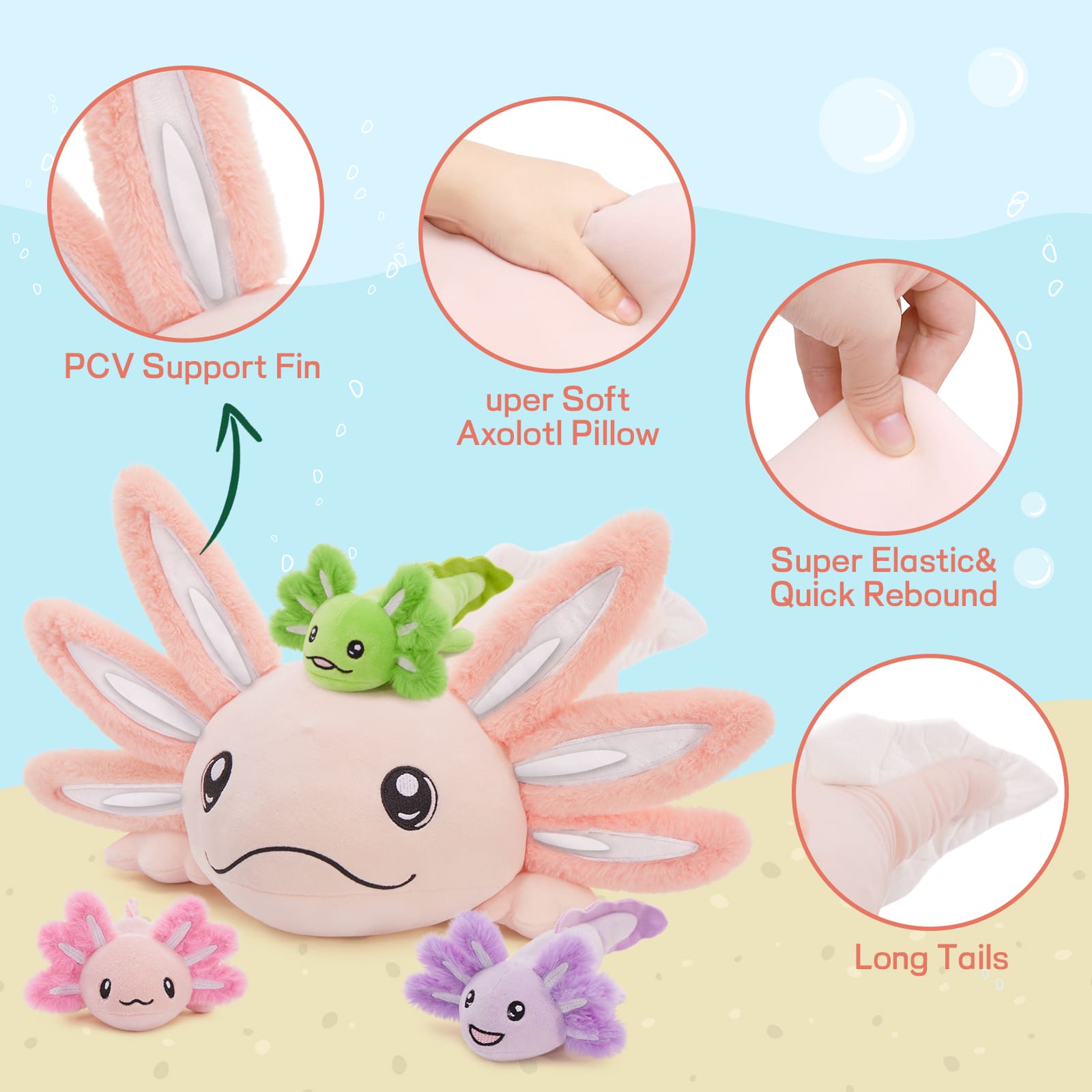 4 Pcs Large Axolotl Stuffed Animals - Axolotl Stuffed Animal Mommy 31.4" with 3 Baby Axolotl Plushies in Tummy - 4 Piece of Cute Axolotl Plush Pillow Toys for Kids - Glow-in-the-dark Salamander Stuffed Animals - Cool Amphibians Plush Toys -  Christmas/Birthday Gift for Friends