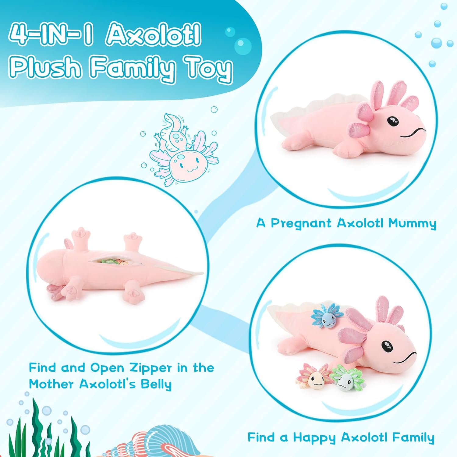 Have a look at this eye-catching set of axolotl plush toys. Guess what? It was a neat surprise! Unzip the plushie at the bottom to find three amazingly adorable mini baby axolotls. This makes it an awesome gift for anyone who loves axolotls or is just a big fan of stuffed toys.