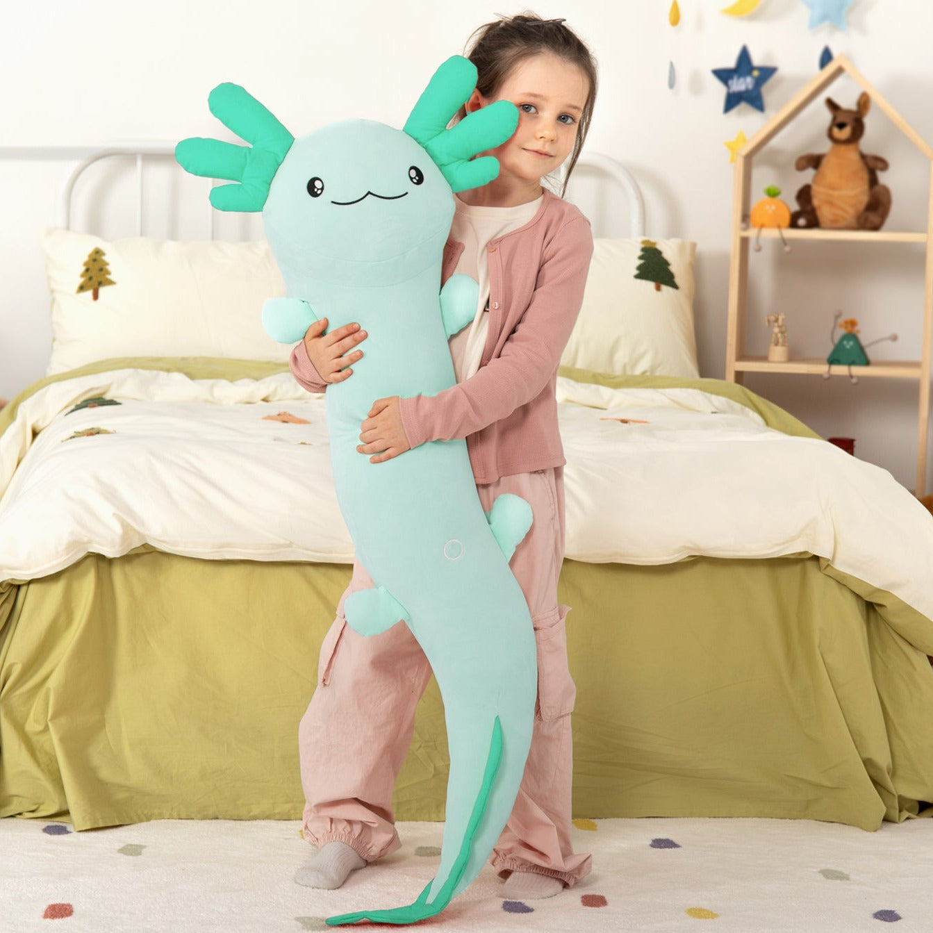 Giant Cozy Axolotl Long Throw Pillow, Red/Pink/Mint Green, 48 Inches