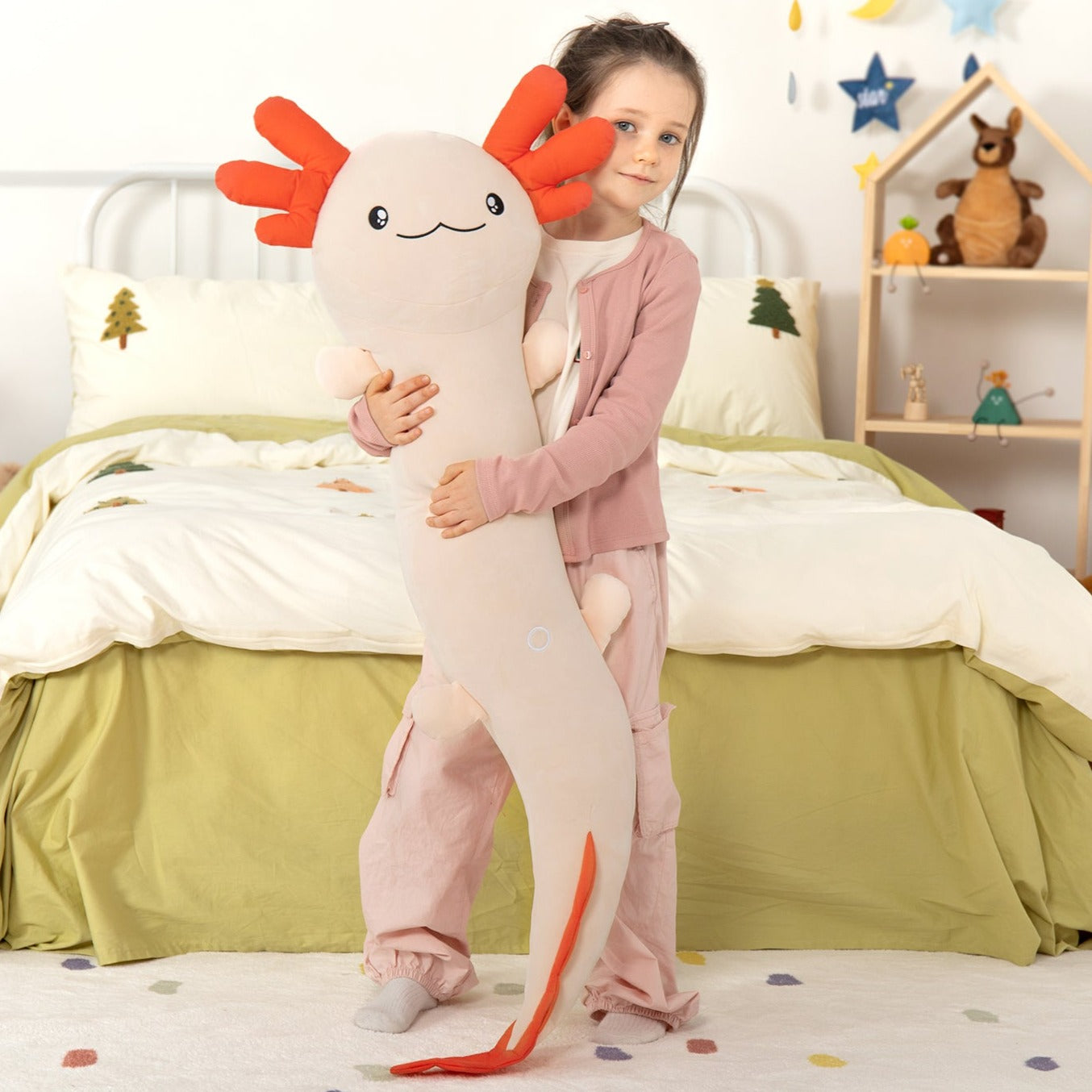 Giant Cozy Axolotl Long Throw Pillow, Red/Pink/Mint Green, 48 Inches
