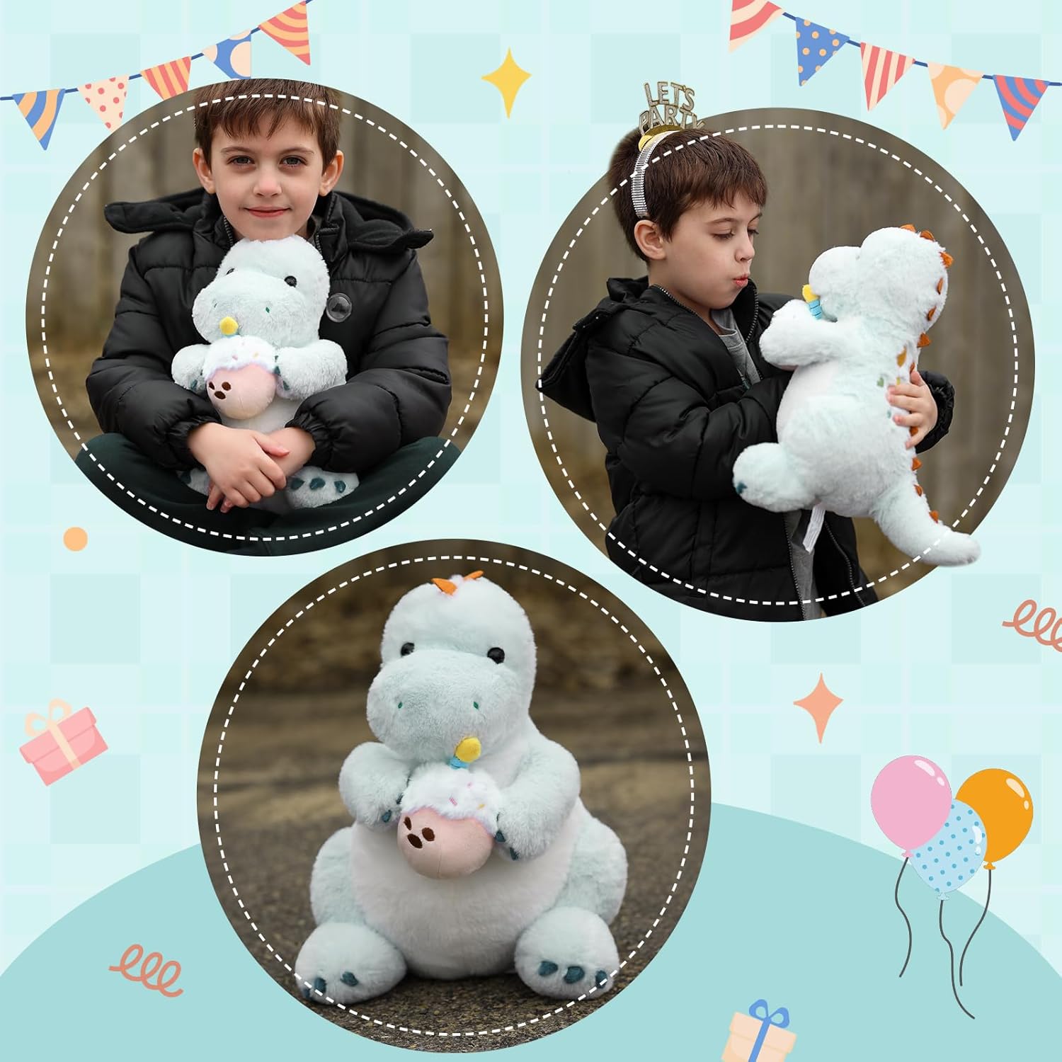 Birthday Dinosaur Stuffed Animals - Cute Light Blue Stuffed Dinosaur - Happy Birthday Plush Toys - Birthday Gift Ideas for Friends - Cute Cartoon Plush Dinosaur - Birthday Party Decorations - Birthday Gift Inspirations for Girls Boys