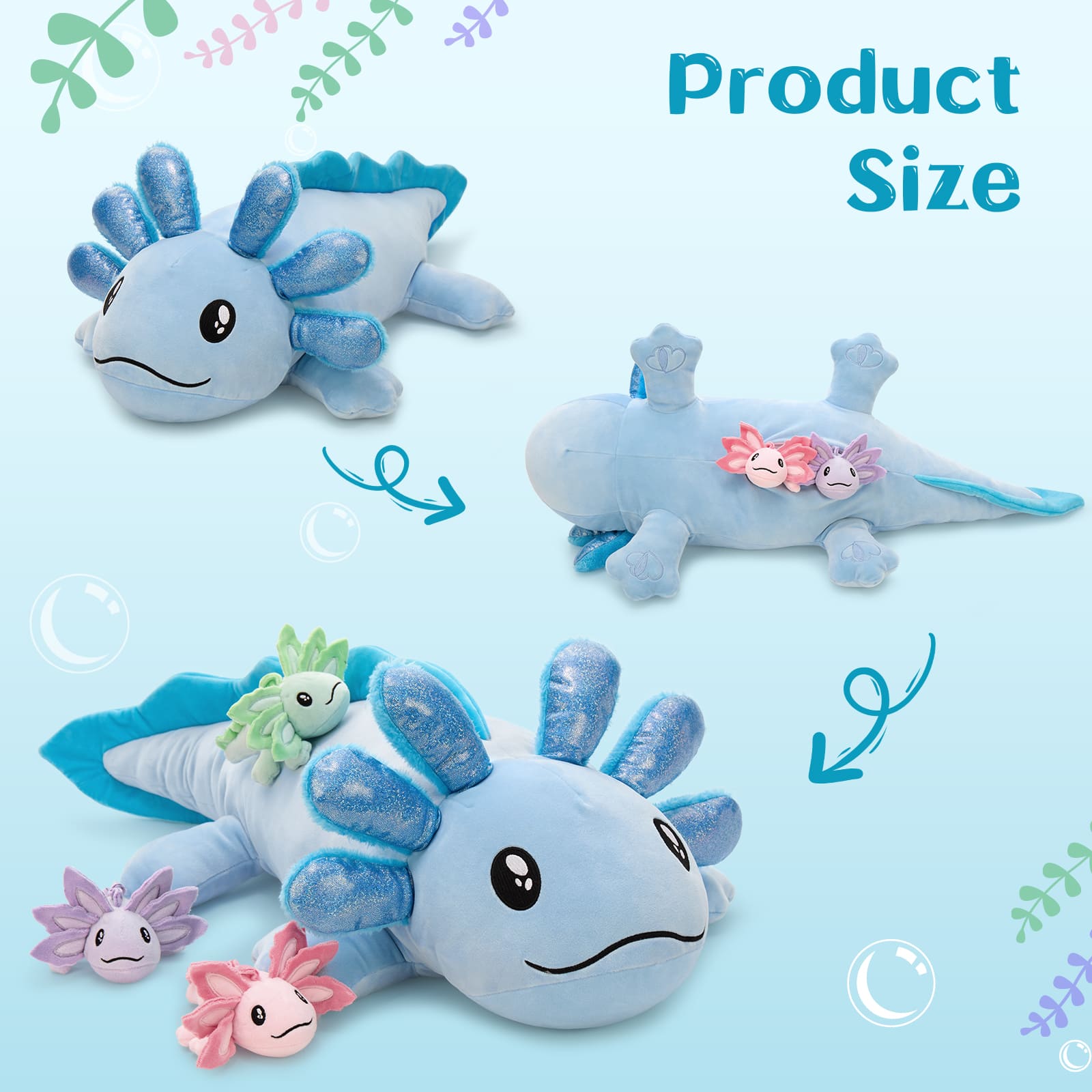 Axolotl Stuffed Animals with Babies Inside The Belly, Blue, 31.5 Inches