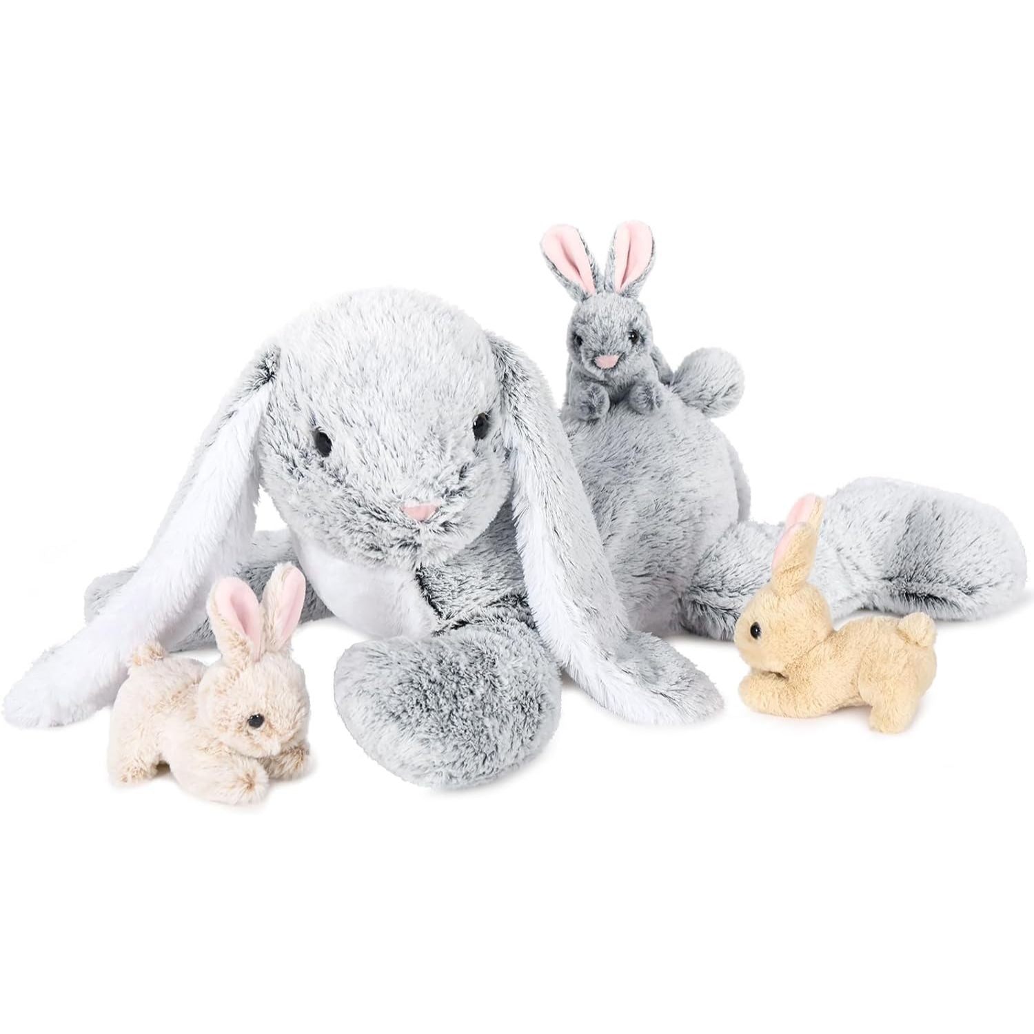 Cute Bunny Plush Toy Set, 24 Inches - Stuffed Animal Babies with Their Mom - Cute Rabbie Plush Toys for Children - Stuffed Animal with Babies in Belly - Christmas Birthday Easter Gift for Kids Teens Adults