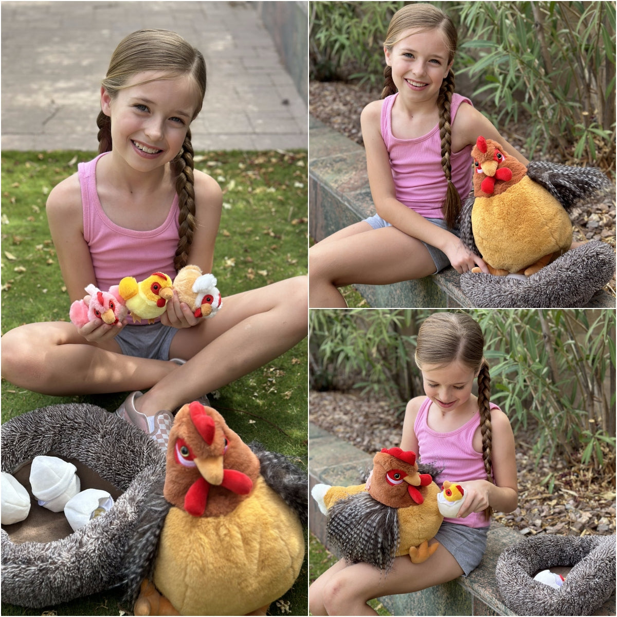 Lifelike Big Rooster Chicken, Three Mini Chicks, Three Chicken Eggs, and a Chicken Coop Plush Toy Set - Farm Chicken Stuffed Animals Set for Children - Stuffed Animals with Babies in the Belly - Stuffed Animal Babies with Their Mom - Realistic Chicken Plush Dolls for Kids Teens Adults