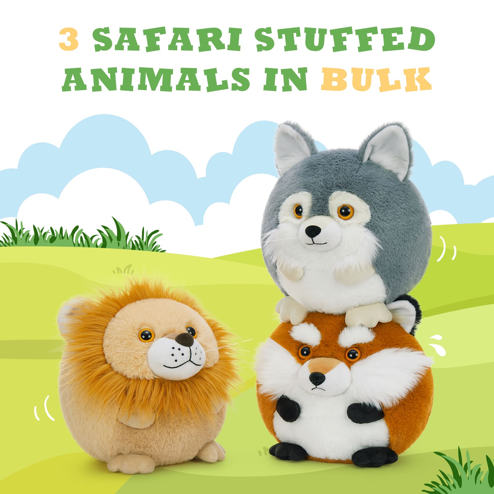 10.6 Inches Round stuffed animal plush pillows of a lion, fox, and wolf, soft and cuddly jungle-themed plush toys.