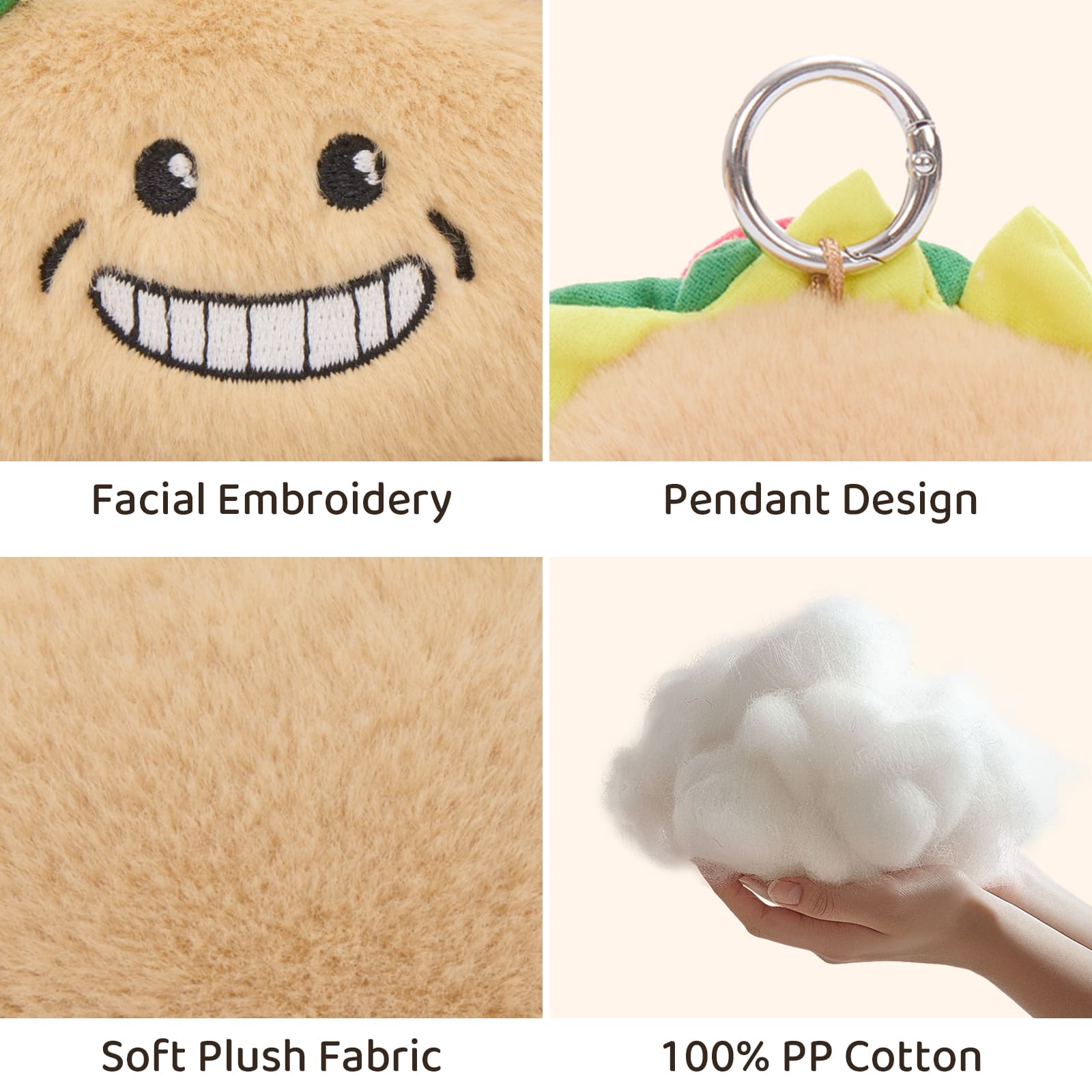 Cute Mini Taco Plush Keychain 4.3" Bag Charm Emoji Face