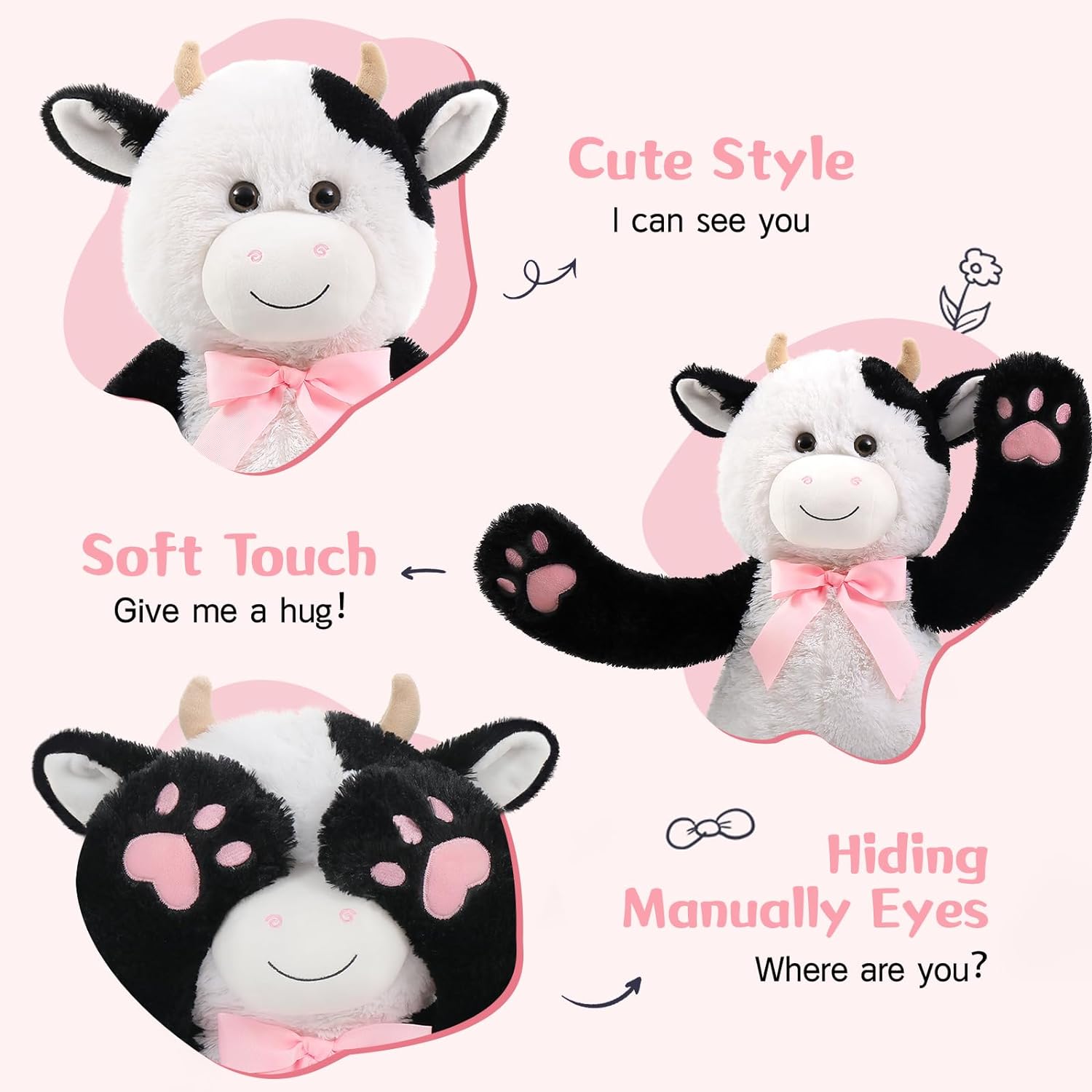Dairy Cow Plush Toys - Cow Stuffed Animals 24 Inches - Farm Stuffed Animals - Hide and Seek Play Toys - Cute Cartoon Plush Pillows for Kids - Christmas/Birthday/Baby Shower/Valentine's Day/Thanksgiving Gift For Teens Kids Adults