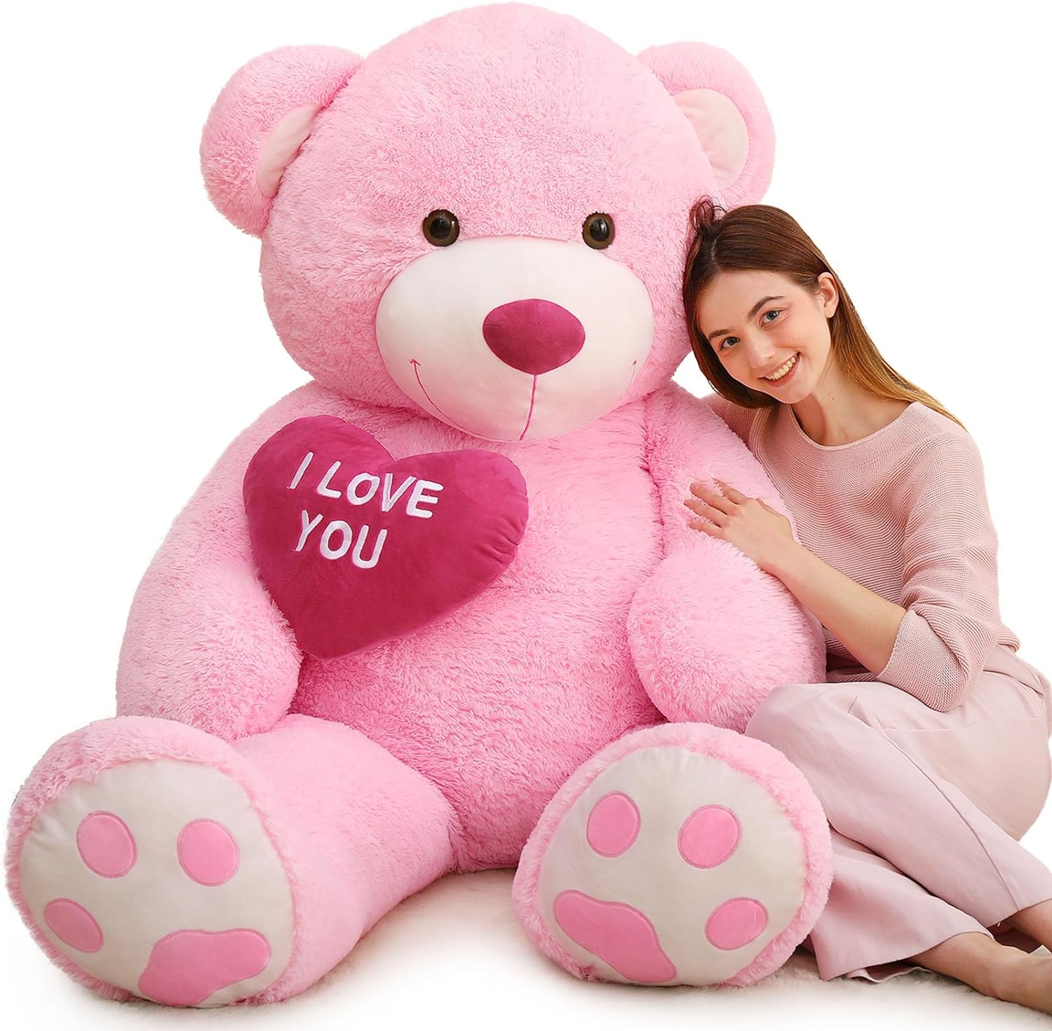 Life Size Teddy Bear Stuffed Animals - 5 Foot/6 Foot Fluffy Teddy Bear Plush Toys - Giant Pink Teddy Bear Plush Dolls - Valentine's Day Teddy Bear&Vday Gift for Girlfriend Boyfriend - Teddy Bear Theme Baby Shower - Christmas/Birthday Gift for Her/Him - Pink Teddy Bear Plush Pillow