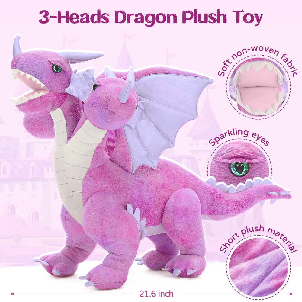 Triple-Headed Flying Dragon Plush Toys, Grey/Pink, 21.6 Inches