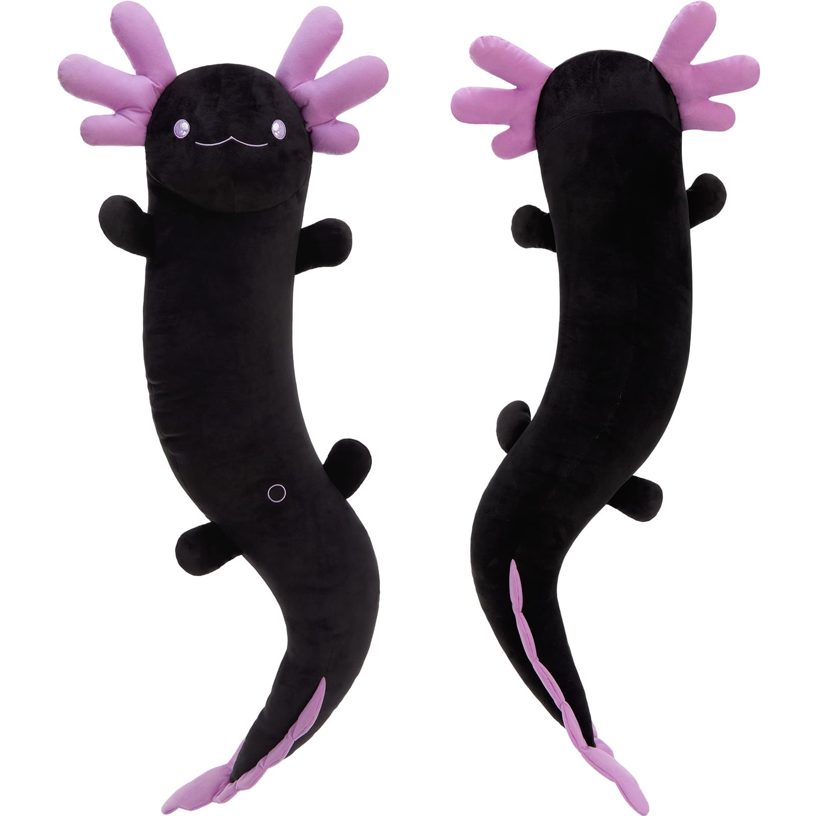 Two plush axolotls with pink gills on a white background
