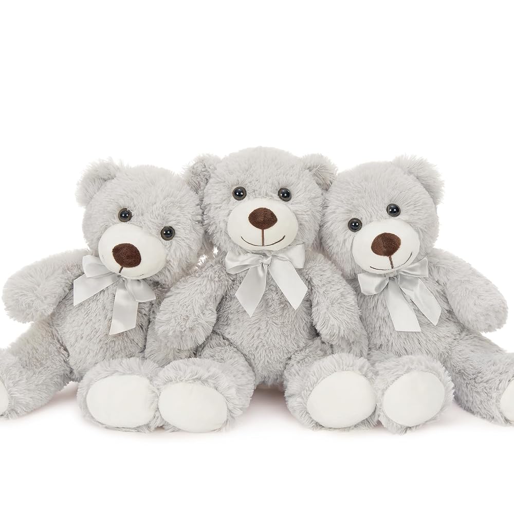 3-Piece Teddy Bears, Light Grey, 13.8 Inches