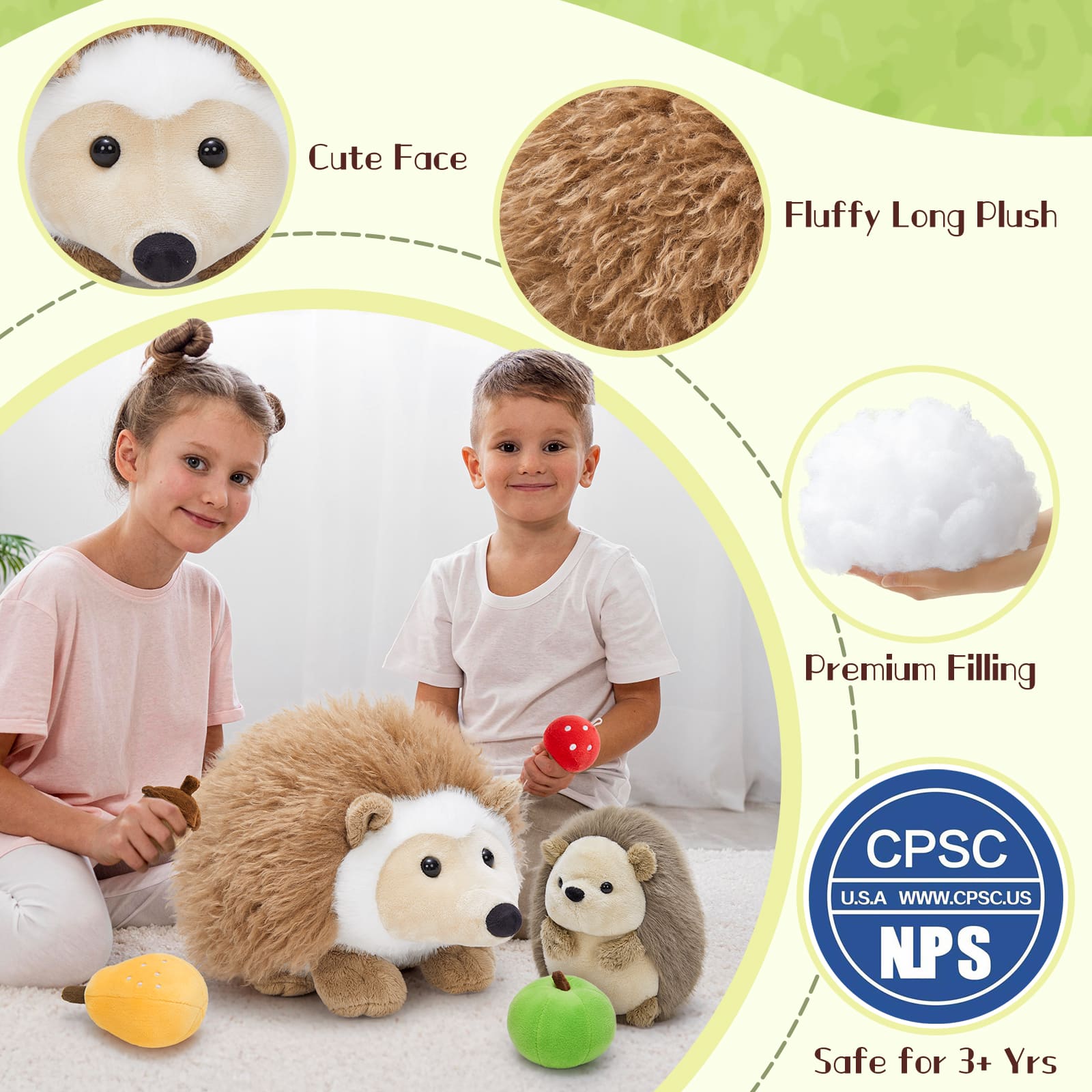 Soft Hedgehog Plush Toys for Kids 6Pcs Woodland Stuffed Animals Bulk - Large Stuffed Hedgehog with Baby & 4 Fruits Plushies Party Favors Ornaments Gifts Christmas Valentine's Day