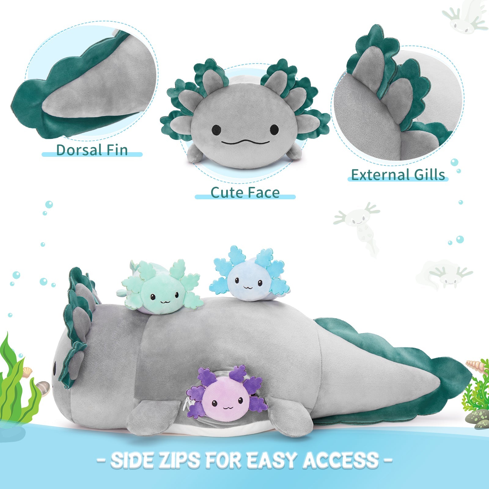Axolotl Plush Toys - 4 Pcs Axolotl Stuffed Animals Bulk - Cute Salamander 24 Inches Plush Dolls - Stuffed Animal Salamander Babies with Their Mom - Axolotl Cushion Pillow Soft Toys - Gifts for Boys Girls