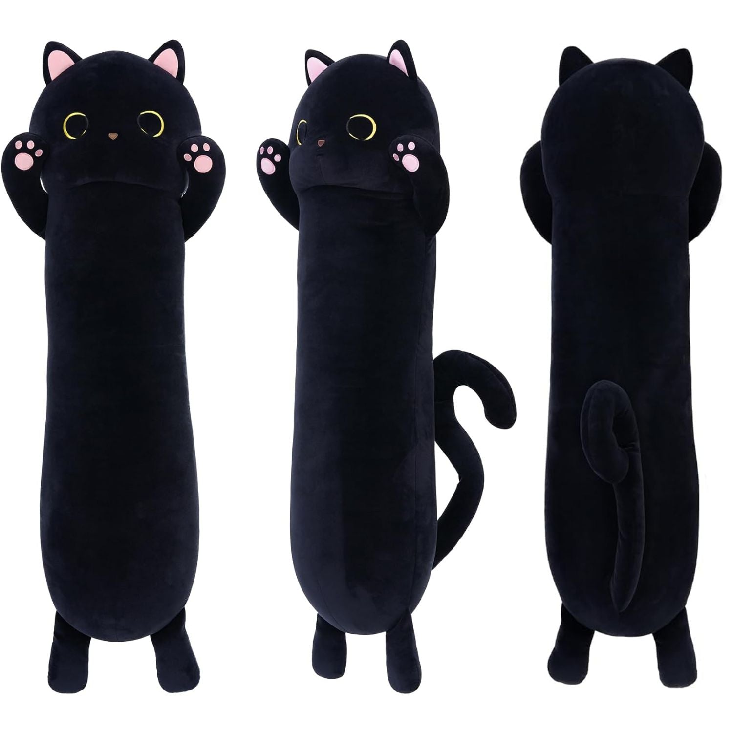 The black cat stuffed toy is simply precious with its cute face, pink ears, and paws. Not to mention the playful tail on its back - too adorable! Its long, soft body makes it perfect for snuggling up with. This toy is definitely a great gift for any festive or special occasion! 