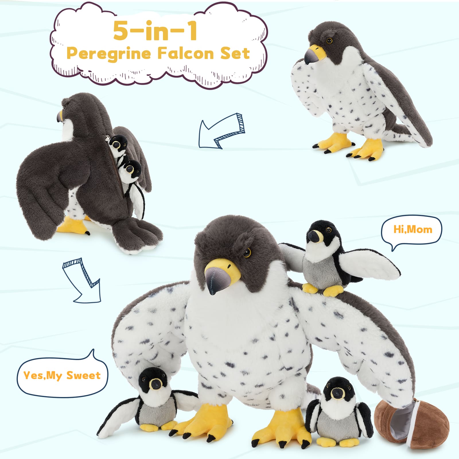 Peregrine Falcon Family Plush Set – Mama Falcon, 3 Chicks & Egg | Soft & Adorable Bird Plush Toys