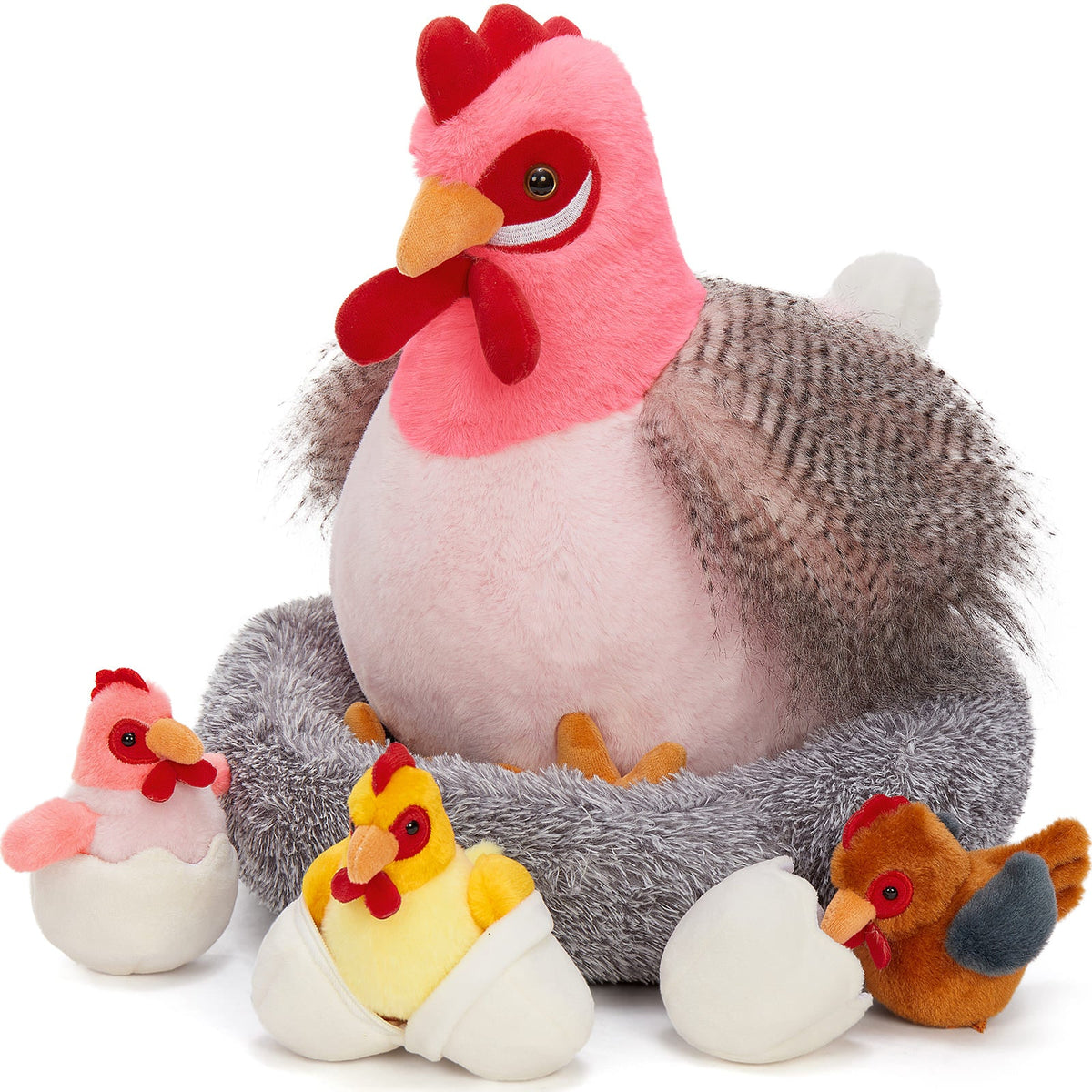 Lifelike Big Rooster Chicken, Three Mini Chicks, Three Chicken Eggs, and a Chicken Coop Plush Toy Set - Farm Chicken Stuffed Animals Set for Children - Stuffed Animals with Babies in the Belly - Stuffed Animal Babies with Their Mom - Realistic Chicken Plush Dolls for Kids Teens Adults