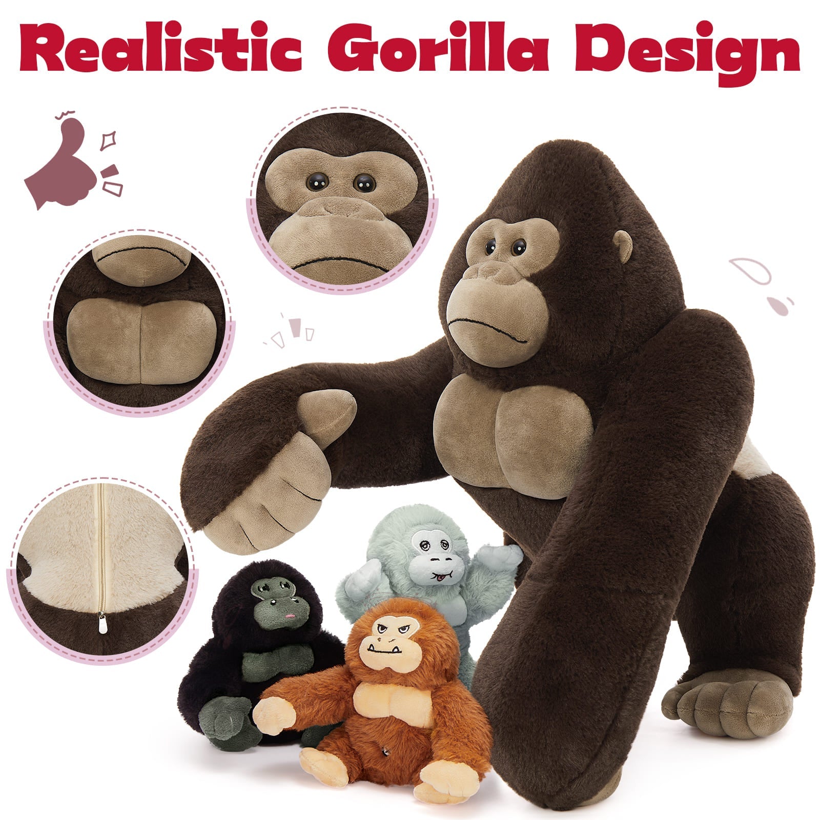 Realistic Gorilla Stuffed Animals - Lifelike Chimpanzees Plush Toys -  Orangutan Stuffed Animals with Babies in the Belly - Three Gorilla Stuffed Animal Babies with Their Mom - Jungle/Safari/Forest Stuffed Animals - Zoo Souvenirs - Free Shipping