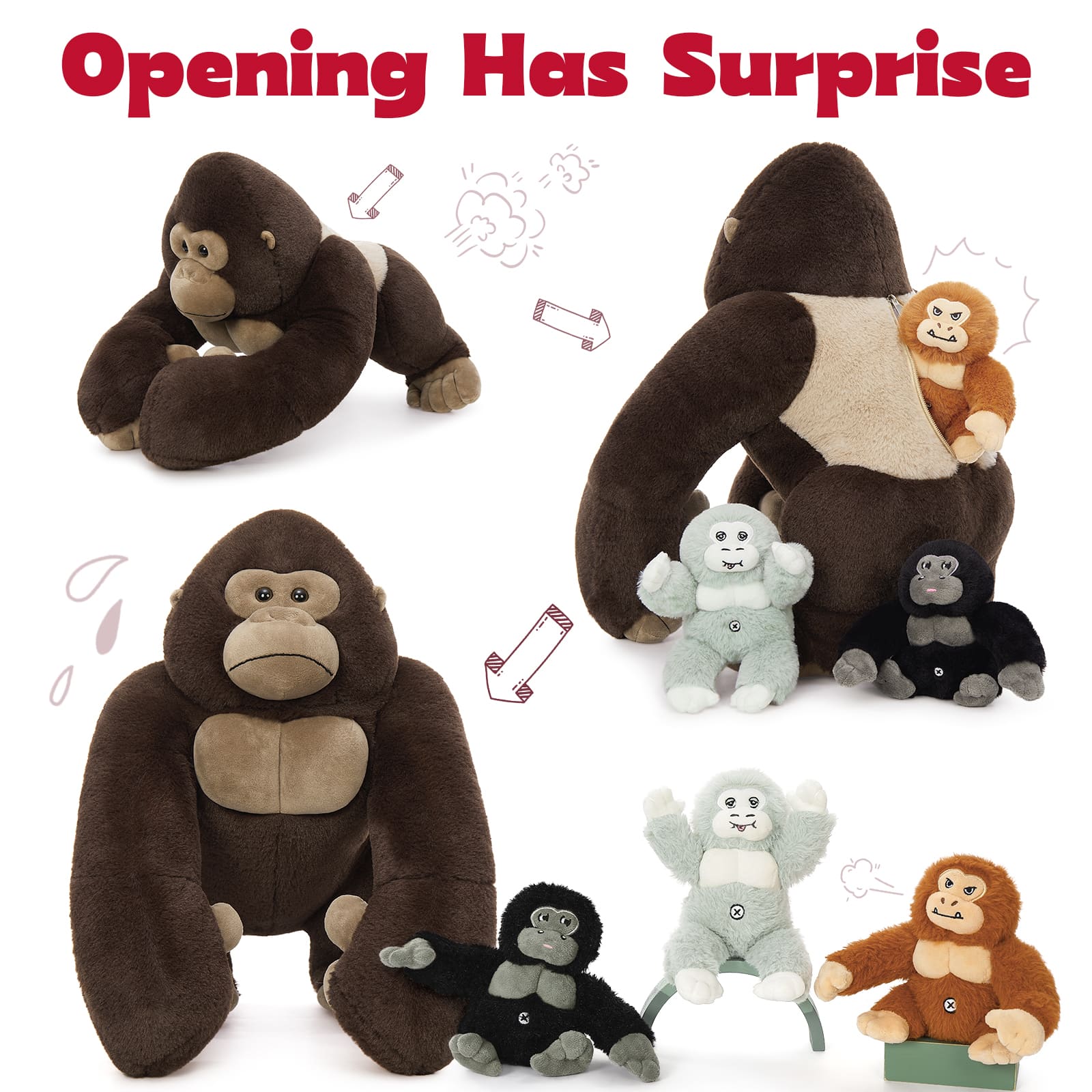 Realistic Gorilla Stuffed Animals - Lifelike Chimpanzees Plush Toys -  Orangutan Stuffed Animals with Babies in the Belly - Three Gorilla Stuffed Animal Babies with Their Mom - Jungle/Safari/Forest Stuffed Animals - Zoo Souvenirs - Free Shipping