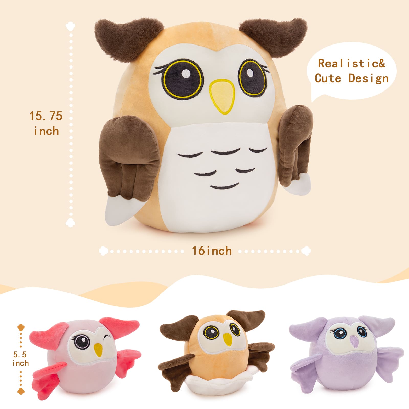Realistic Owl Stuffed Animals - Nighthawk Plush Toys 15.75 Inches - Cartoon Owl Plush Pillows for Girls Boys - Stuffed Animal Babies with Their Mom - Gift for Birders