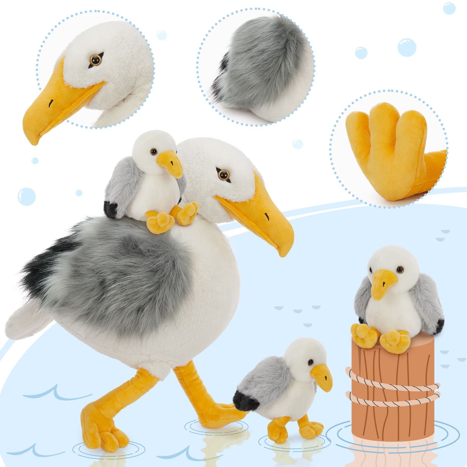 Lifelike Seagull Stuffed Animals - Realistic Bird Plush Toys - One Big Seagull with Three Seagull Baby Plush Toy Assortment - Stuffed Animal Babies with Their Mom - Stuffed Animals with Babies in the Belly - Free Shipping Now