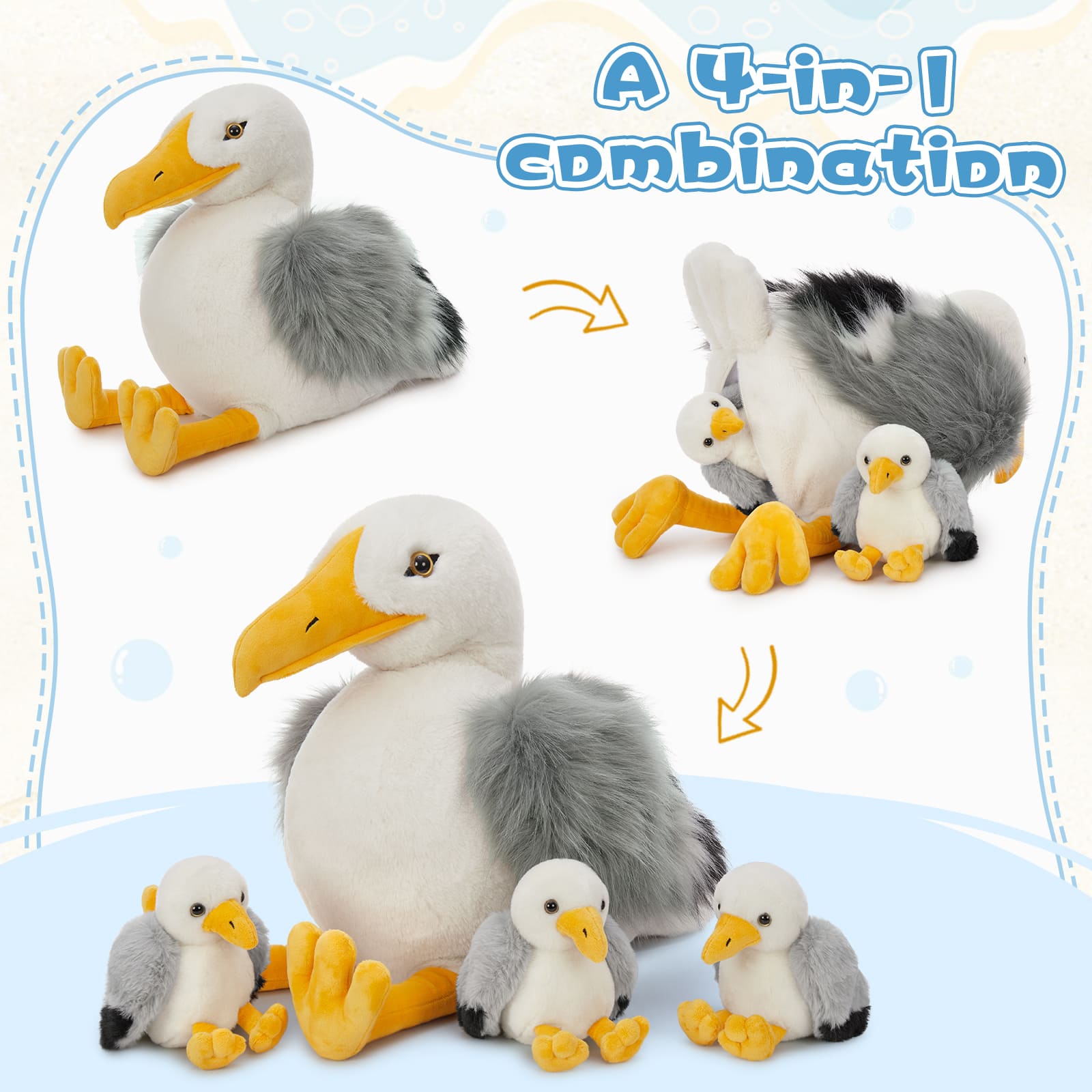 Lifelike Seagull Stuffed Animals - Realistic Bird Plush Toys - One Big Seagull with Three Seagull Baby Plush Toy Assortment - Stuffed Animal Babies with Their Mom - Stuffed Animals with Babies in the Belly - Free Shipping Now