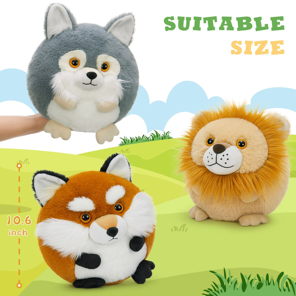 10.6 Inches Round stuffed animal plush pillows of a lion, fox, and wolf, soft and cuddly jungle-themed plush toys.