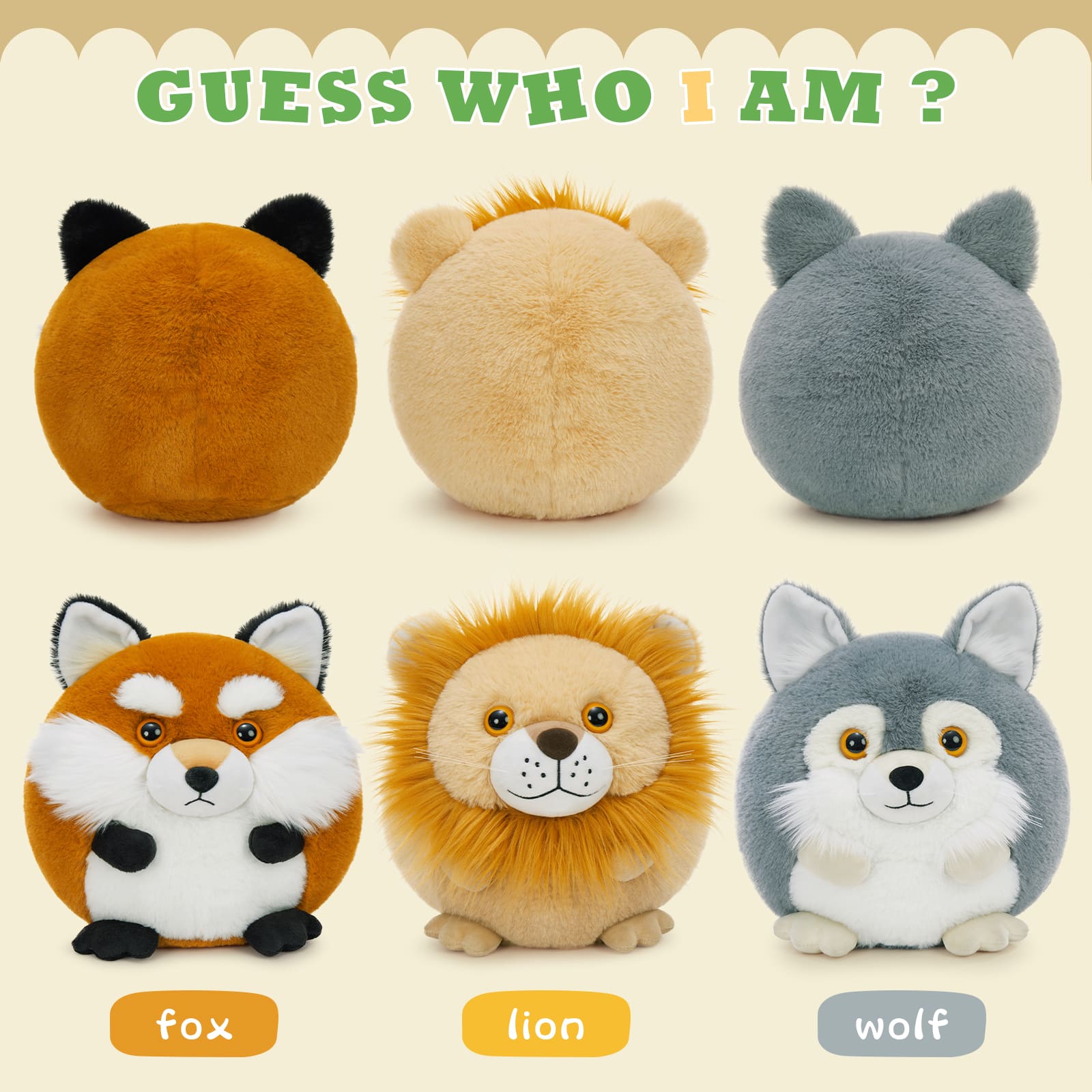 10.6 Inches Round stuffed animal plush pillows of a lion, fox, and wolf, soft and cuddly jungle-themed plush toys.