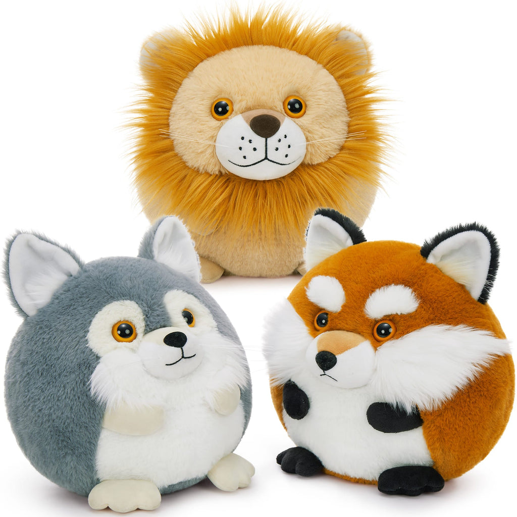 10.6 Inches Round stuffed animal plush pillows of a lion, fox, and wolf, soft and cuddly jungle-themed plush toys.