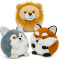 10.6 Inches Round stuffed animal plush pillows of a lion, fox, and wolf, soft and cuddly jungle-themed plush toys.