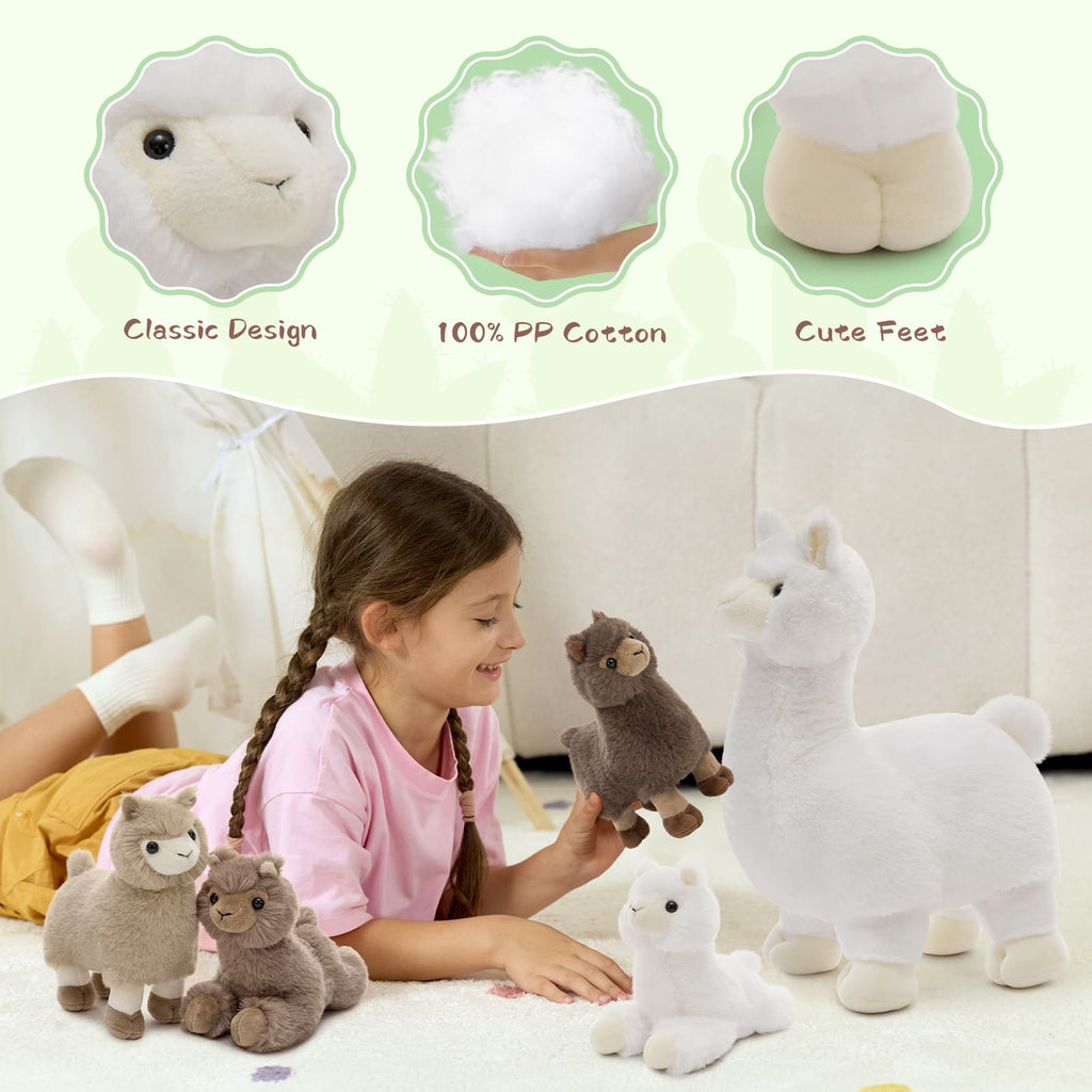 MorisMos Llama Stuffed Animal with 4 Baby Alpaca Plushies Set