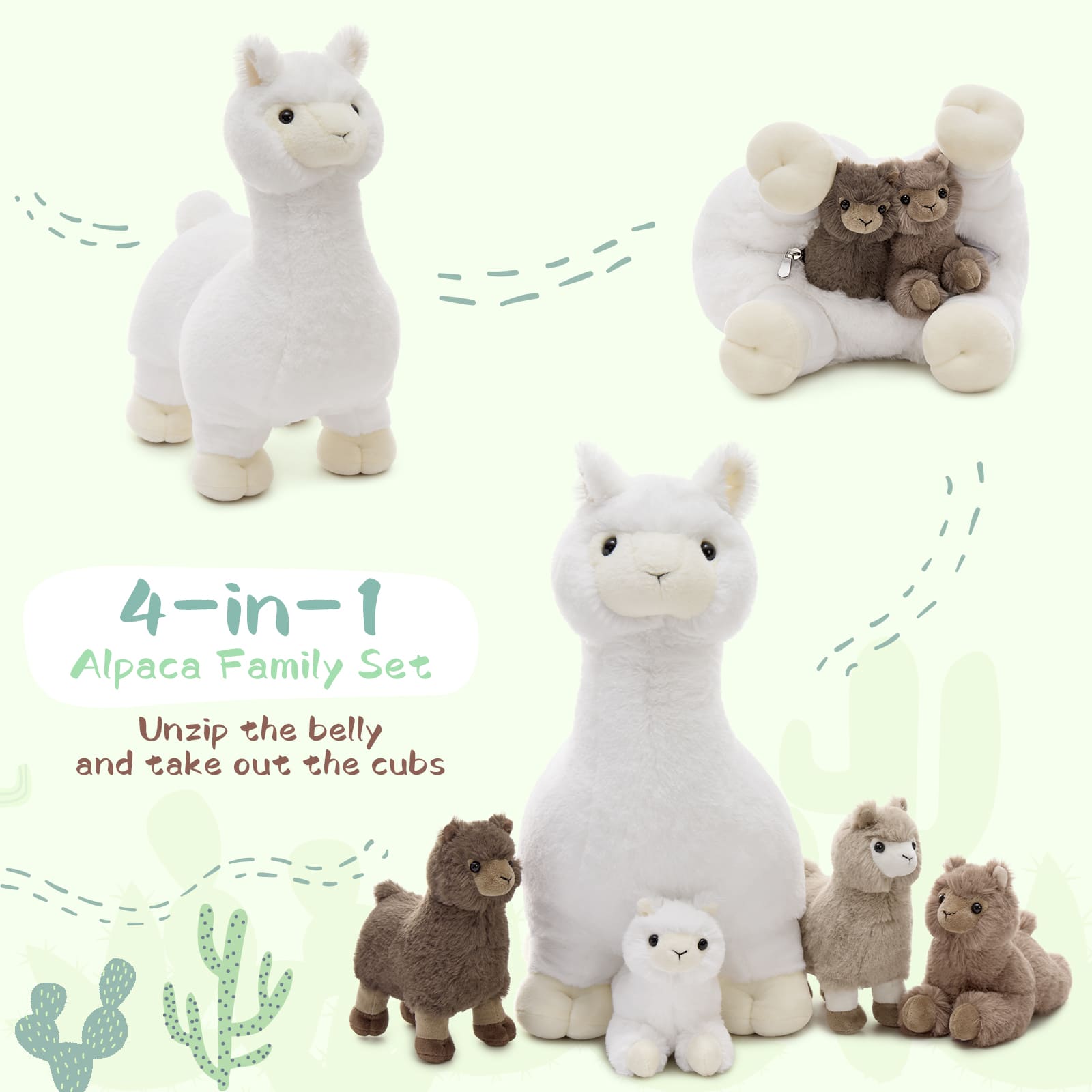 MorisMos Llama Stuffed Animal with 4 Baby Alpaca Plushies Set
