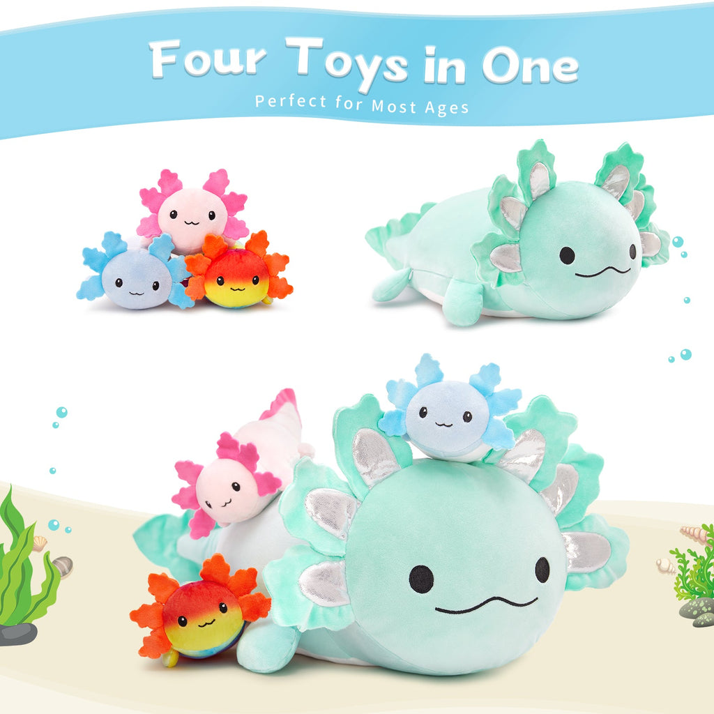 Axolotl Plush Toys - 4 Pcs Axolotl Stuffed Animals Bulk - Cute Salamander 24 Inches Plush Dolls - Stuffed Animal Salamander Babies with Their Mom - Axolotl Cushion Pillow Soft Toys - Gifts for Boys Girls
