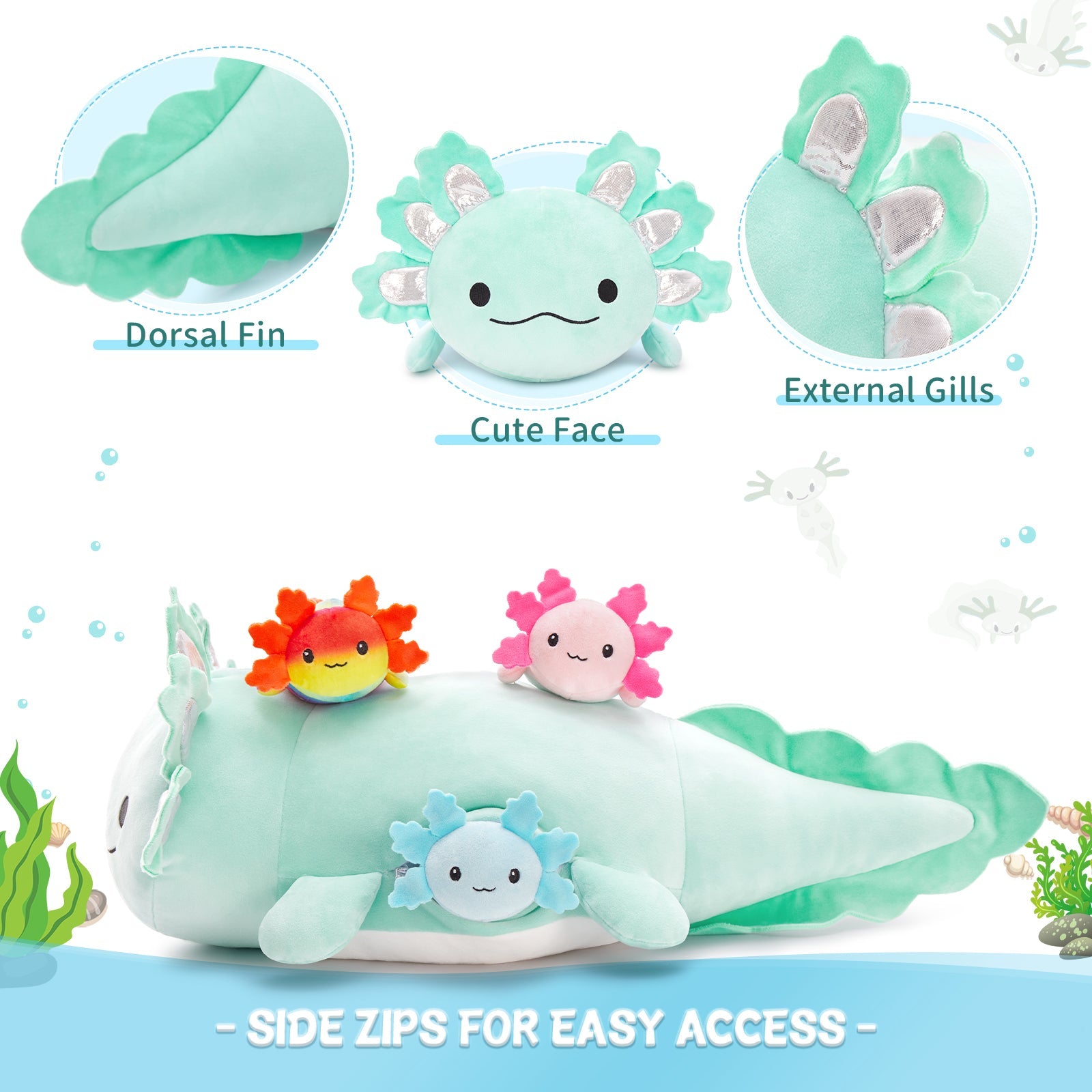 Axolotl Plush Toys - 4 Pcs Axolotl Stuffed Animals Bulk - Cute Salamander 24 Inches Plush Dolls - Stuffed Animal Salamander Babies with Their Mom - Axolotl Cushion Pillow Soft Toys - Gifts for Boys Girls
